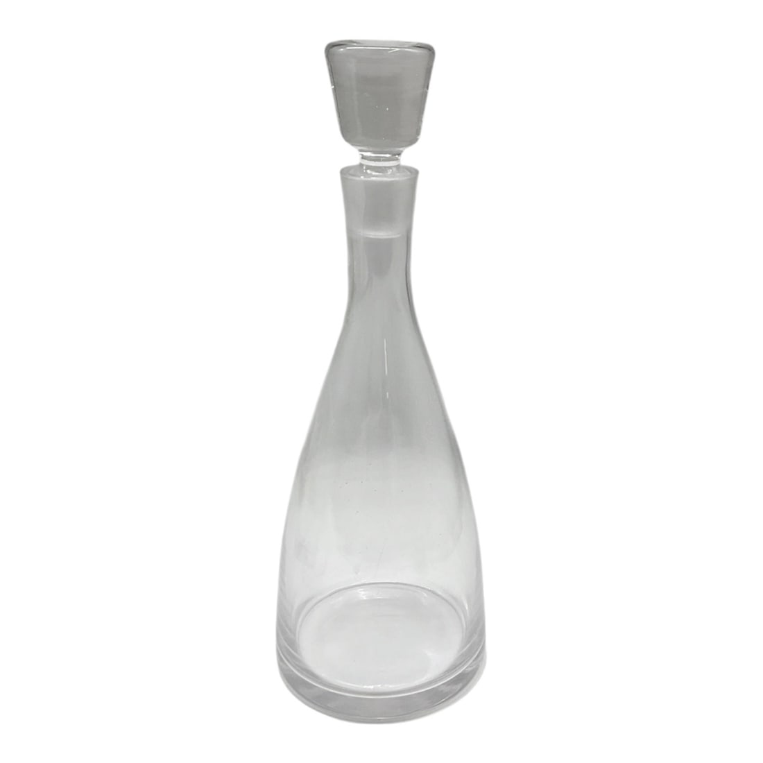 Wine Decanter with a Matching Stopper: crystal or glass wine decanter with a matching stopper, characterized by a sleek, minimalist teardrop silhouette that flares at the base. Auction Description Detail