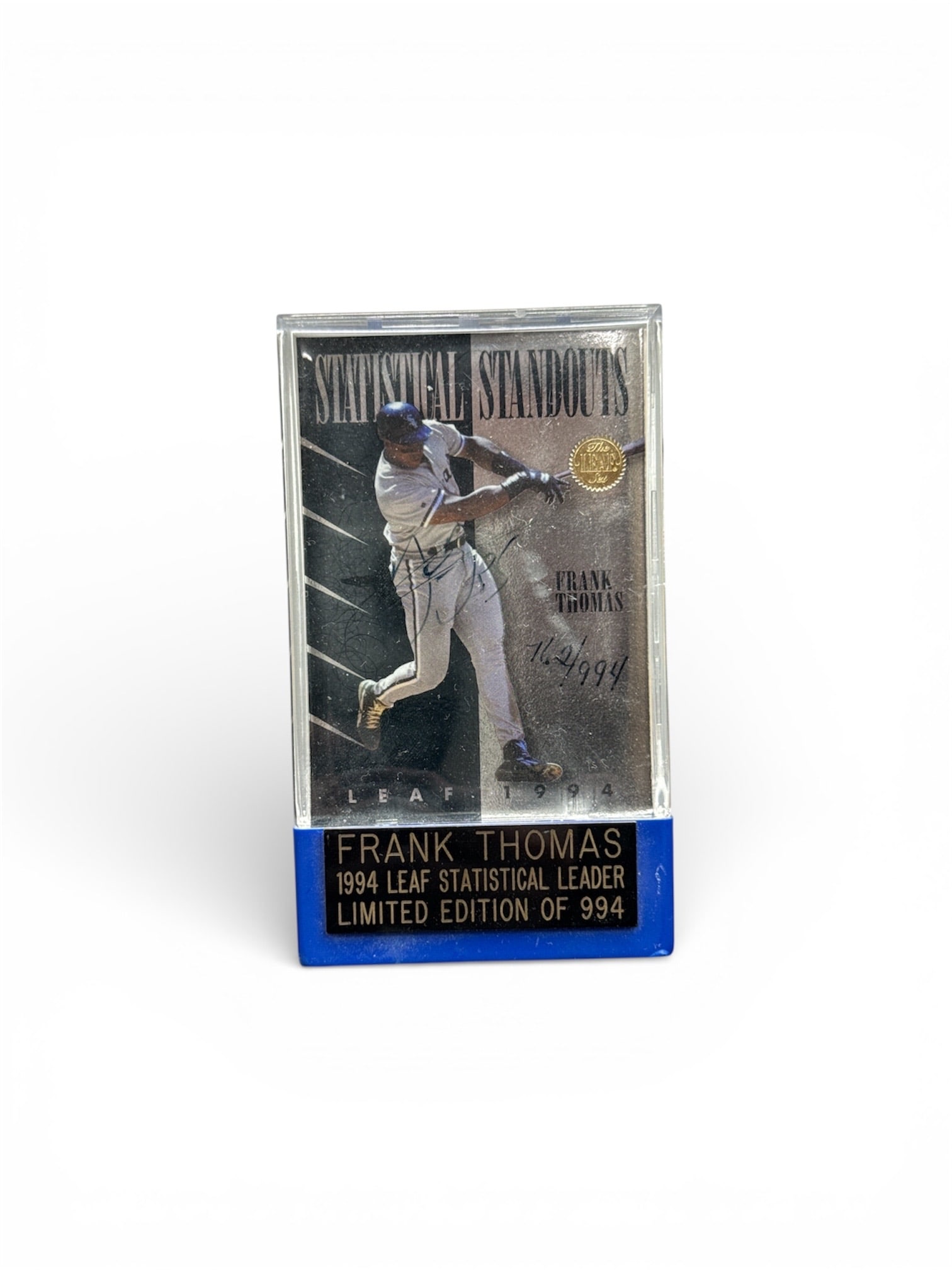 Frank Thomas Signed 1994 Leaf Statistical Leaders Baseball Card Display: This display features a signed 1994 Leaf Statistical Leaders baseball card highlighting Frank Thomas, one of Major League Baseball’s premier power hitters and a Hall of Fame inductee. The card c