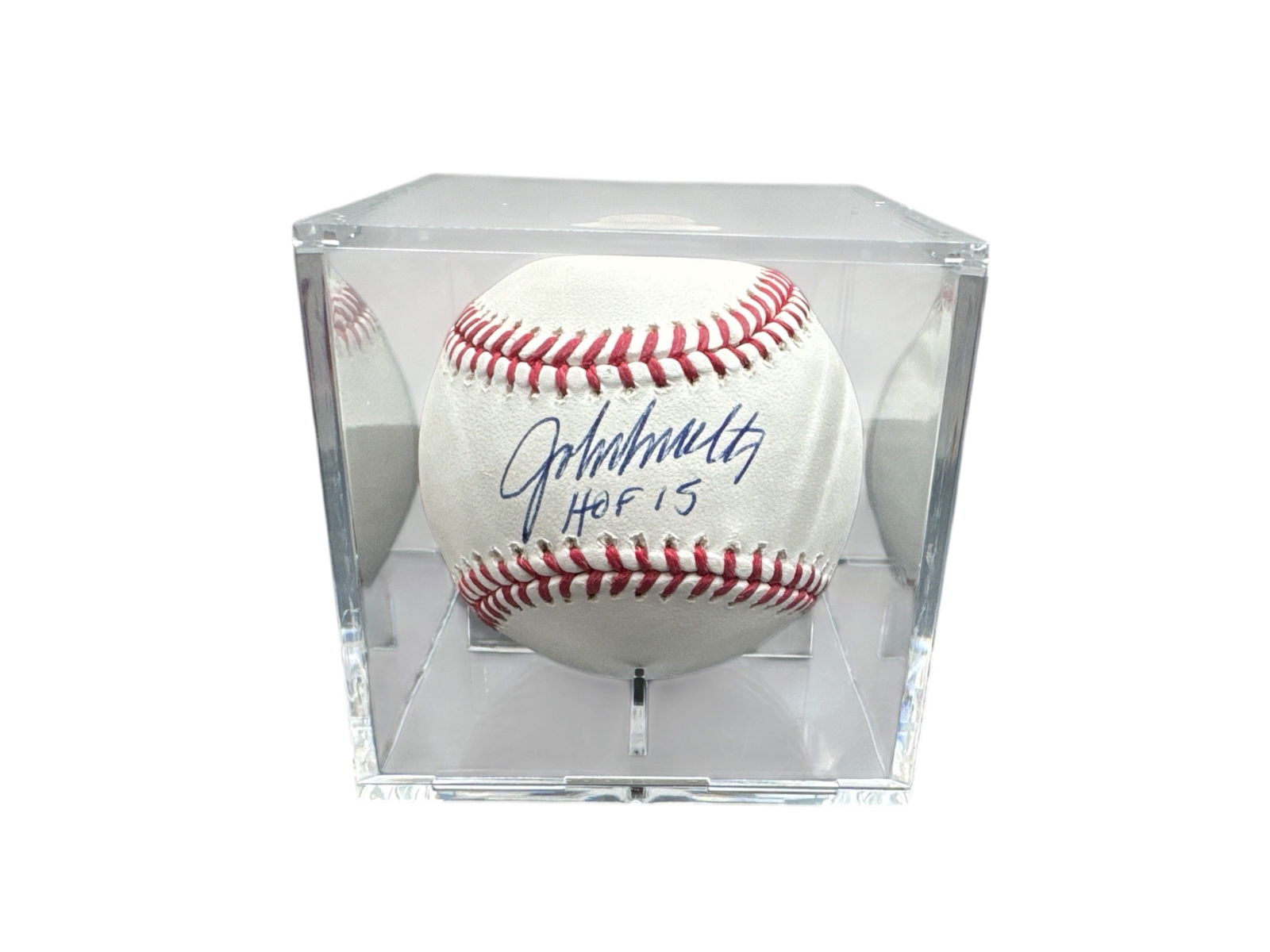 John Smoltz Signed Rawlings Official Major League Baseball with HOF 15 Inscription: This Rawlings Official Major League Baseball has been hand signed by Hall of Fame pitcher John Smoltz and includes a HOF 15 inscription, commemorating his 2015 induction into the National Baseball Hal