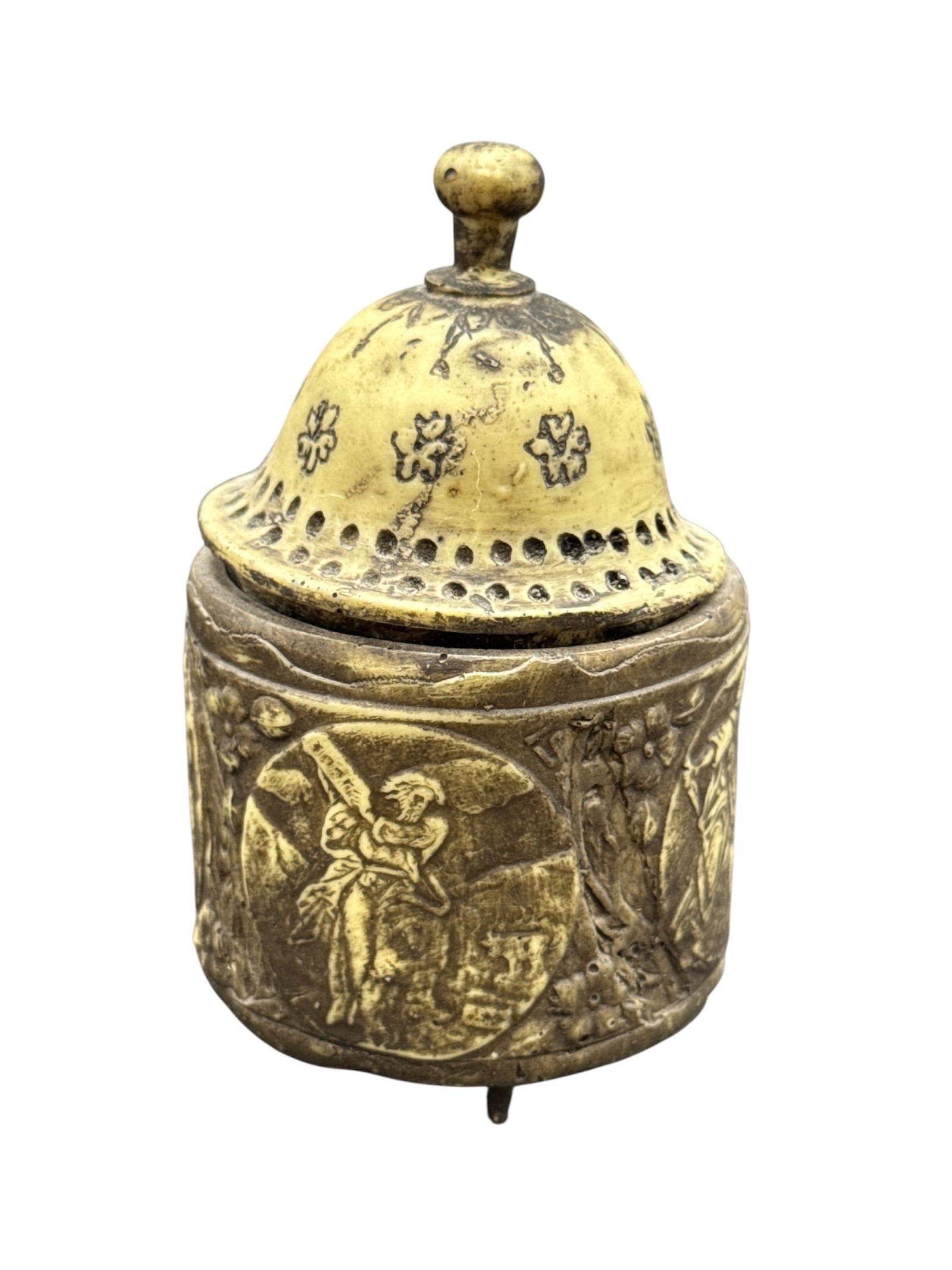 Decorative Metal Lidded Container with Figural Relief (1 of 3)