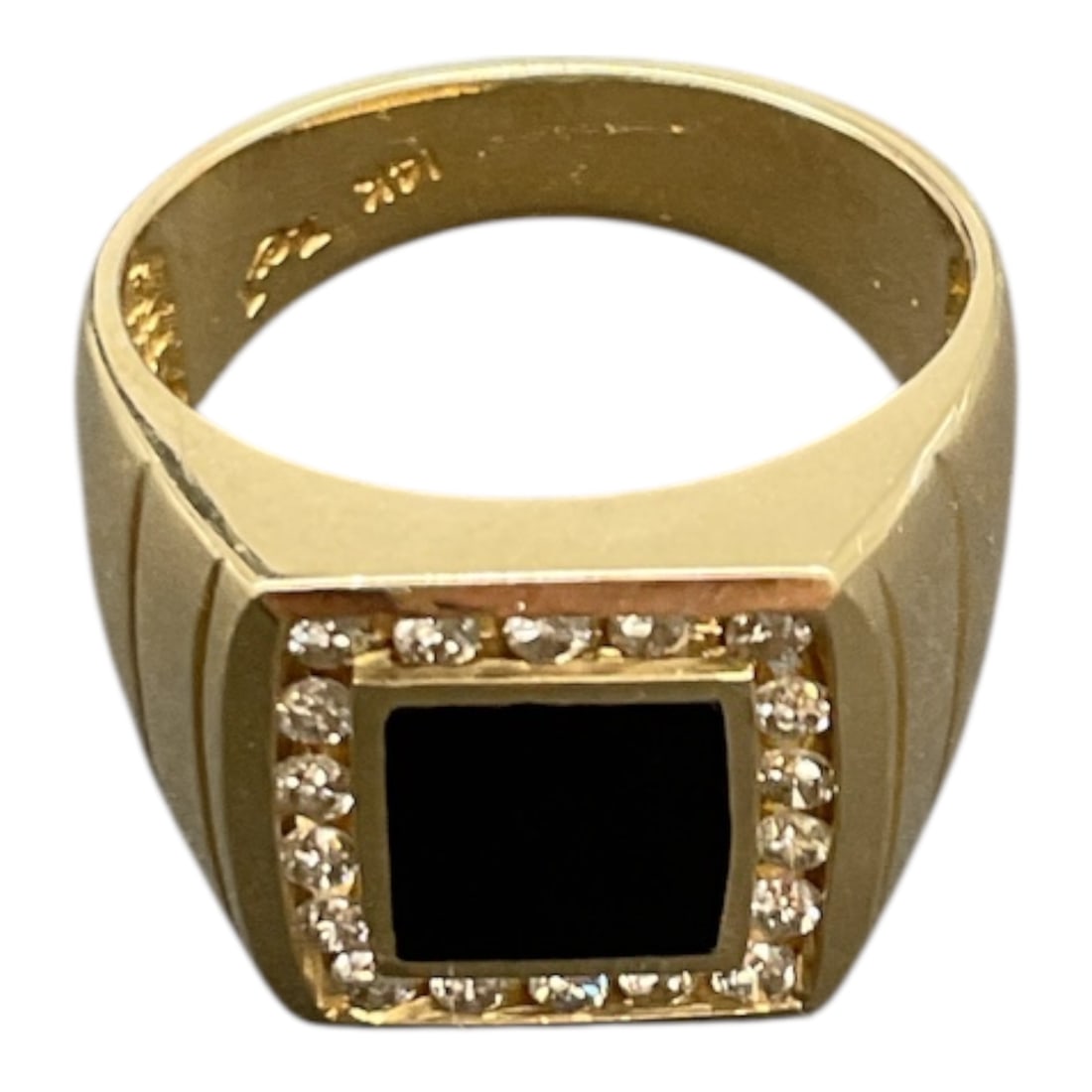 14K Yellow Gold Diamond and Onyx Ring approx size 10 (1 of 8)