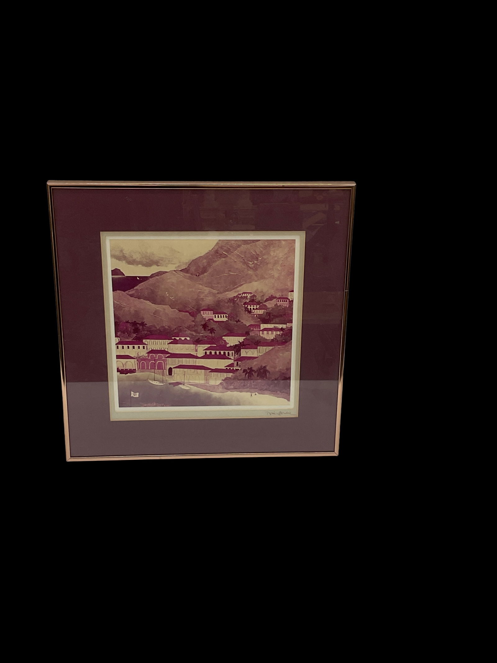 Coastal Village Landscape Print, Framed: Charming coastal village landscape print featuring hillside colonial-style architecture, lush mountains, and a serene waterfront. Rendered in soft lavender, sepia, and pastel tones, creating a calm tr