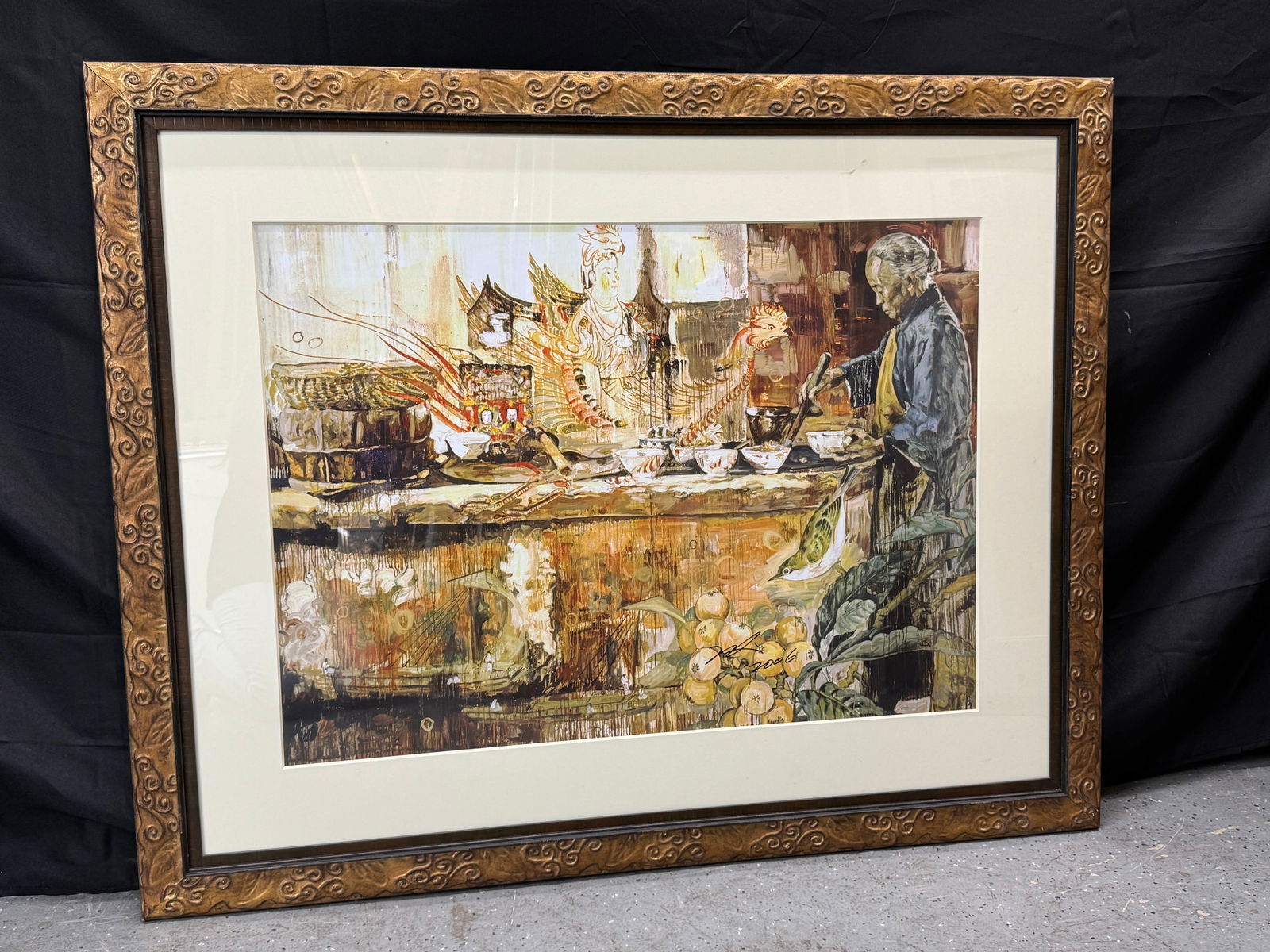 Framed Watercolor Painting of Asian Interior Scene, Signed 2006 (1 of 6)