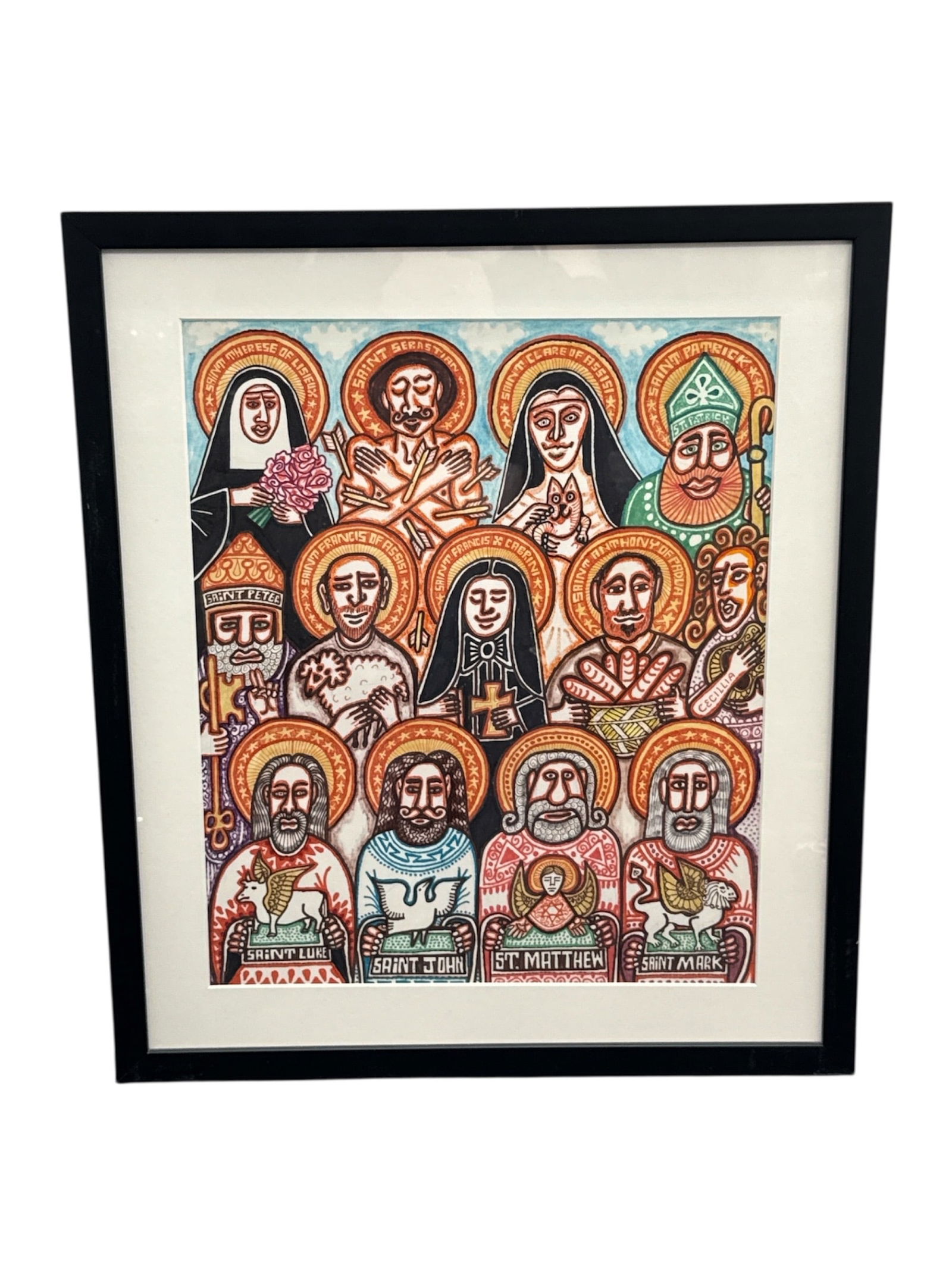 Rex Clawson (American, 1933–2007) | The Company of Saints: This vibrant, mixed-media work on paper is a quintessential example of Rex Clawson’s celebrated "Modern Folk" style. Known for his intricate line