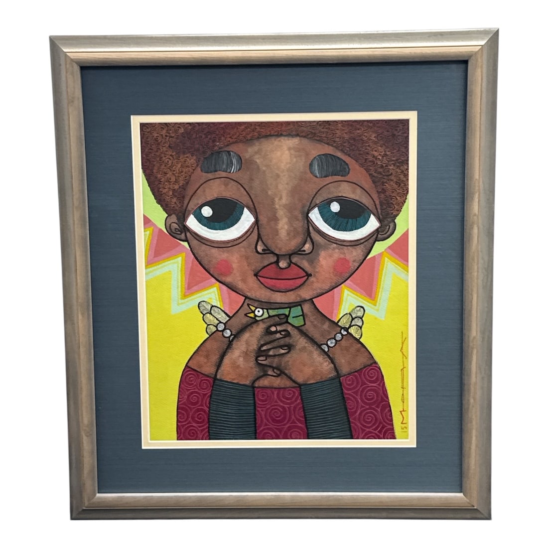 Edel Rodriguez (MOLA) – "Vínculo Espiritual" (Spiritual Bond), 2015: Artist: Edel Rodriguez Molano (Cuban/American, b. 1971) Signature: Signed "MOLA" and dated "15" vertically in red (lower right) Medium: Mixed media on canvas (Acrylic and oil