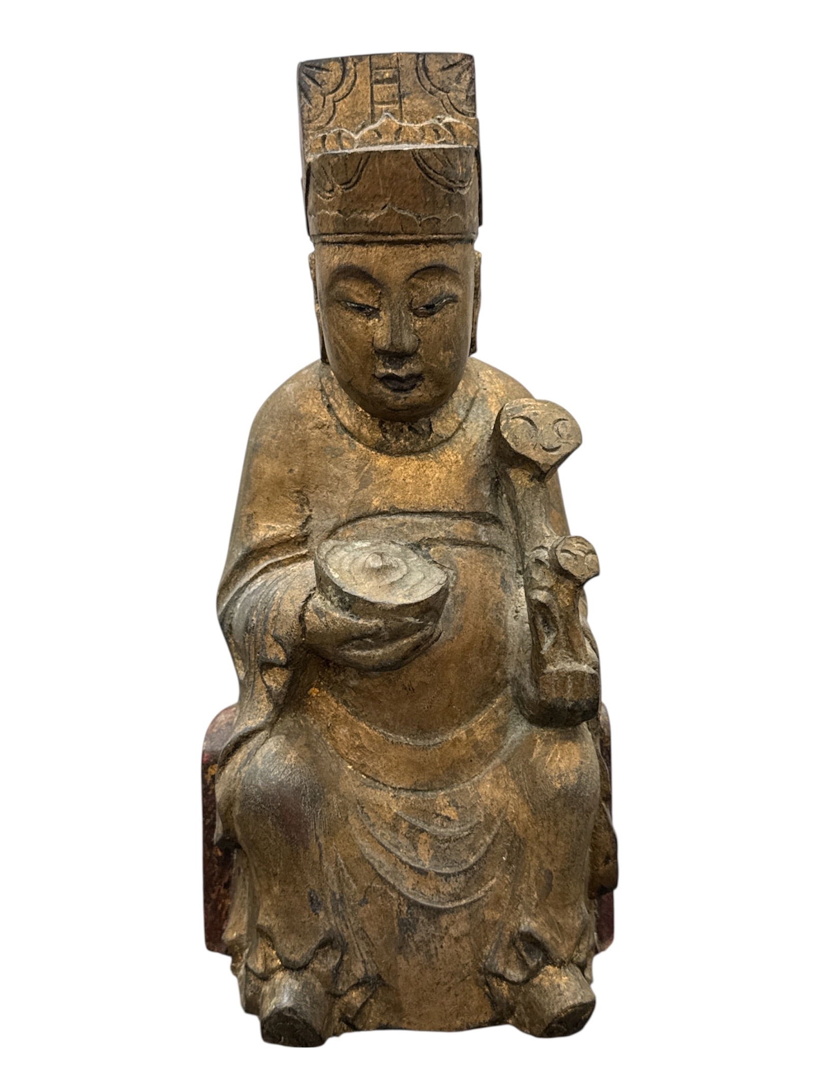 Antique 19th C. Chinese Carved Wood Caishen (God of Wealth) Statue – Red Lacquer & Gilt (1 of 3)