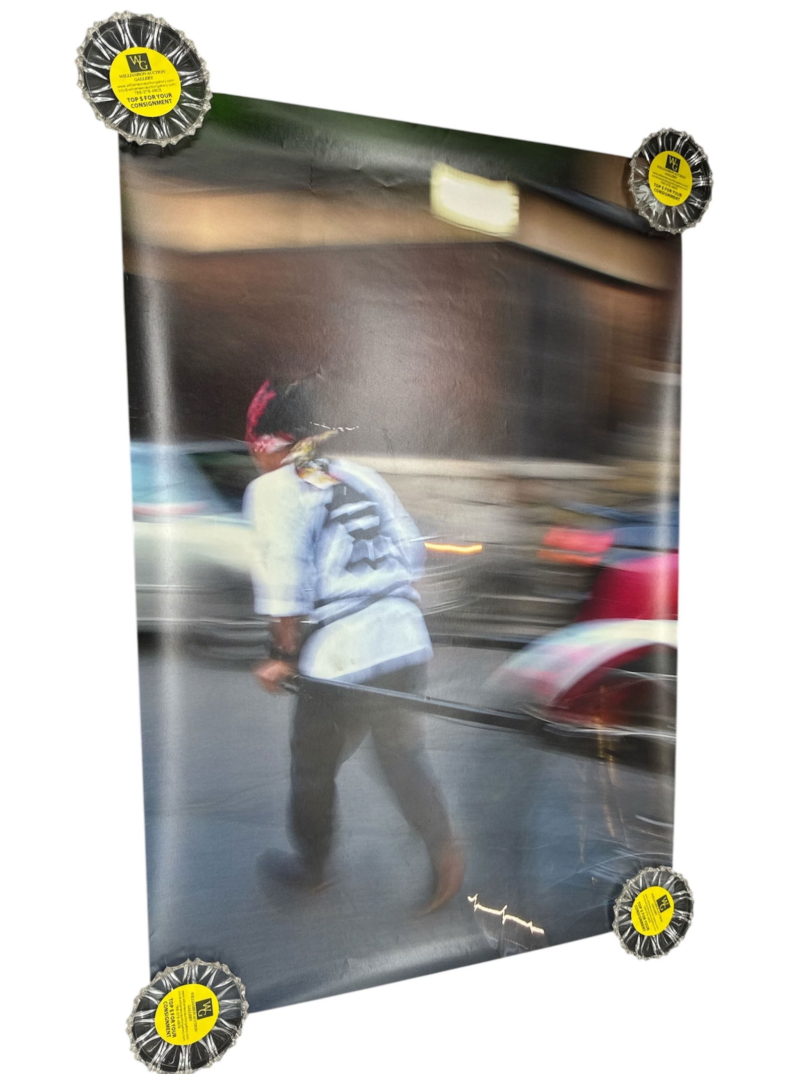 Dynamic Motion: Contemporary Street Photography Poster: This striking photographic print captures the high-energy pulse of urban life through a masterful use of motion blur. The composition features a central figure&m