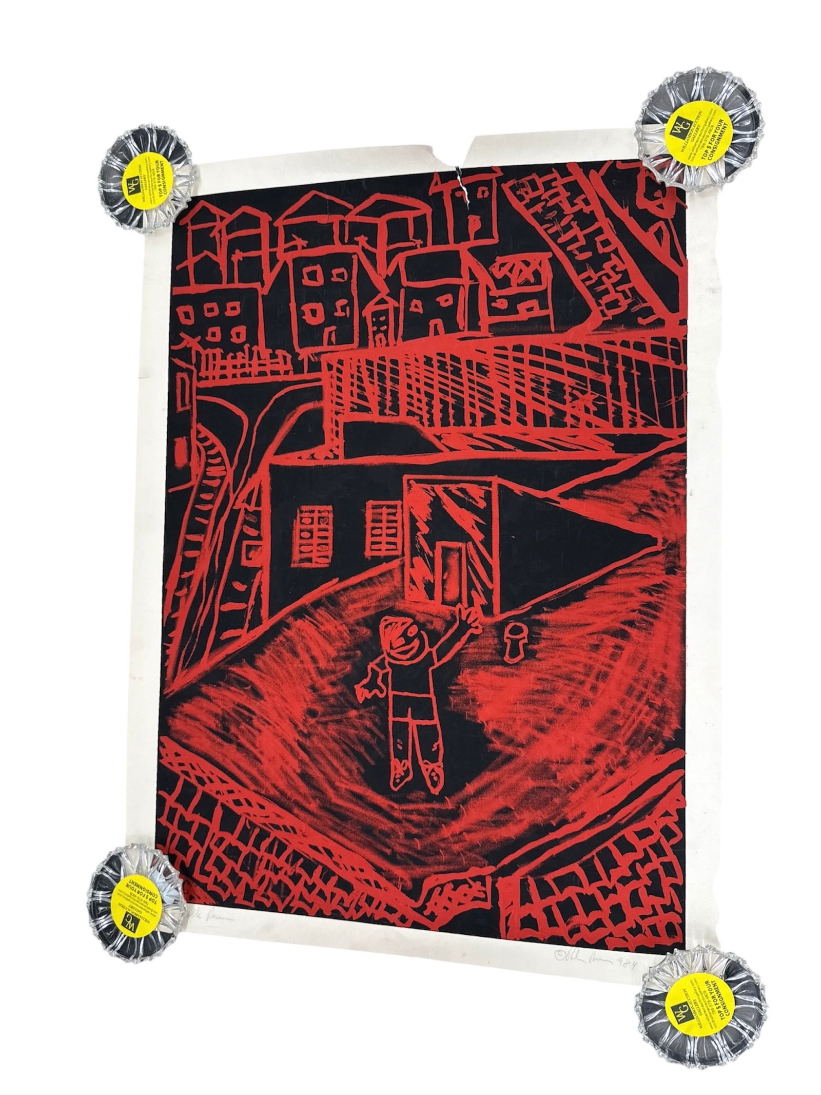 Gemini said Pablo Romero: Urban Greeting (1984):  This striking expressionist screenprint by Pablo Romero offers a vibrant, raw perspective of urban life. Executed in a bold,