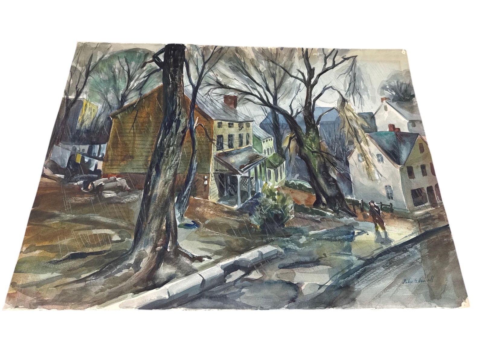 Early Spring: A Mid-Century American Scene by John G. Howell: This evocative watercolor by New Jersey artist John G. Howell captures a rainy, transitional day in a quaint American town. Titled