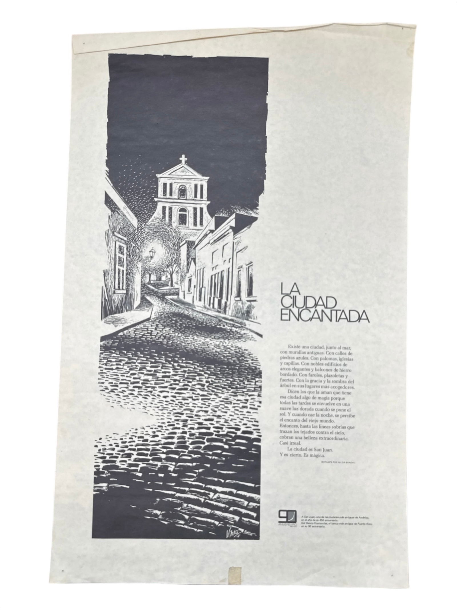 "La Ciudad Encantada" – Vintage Puerto Rican Commemorative Print by Nilda Boada: DescriptionThis striking mid-century graphic print, titled "La Ciudad Enc