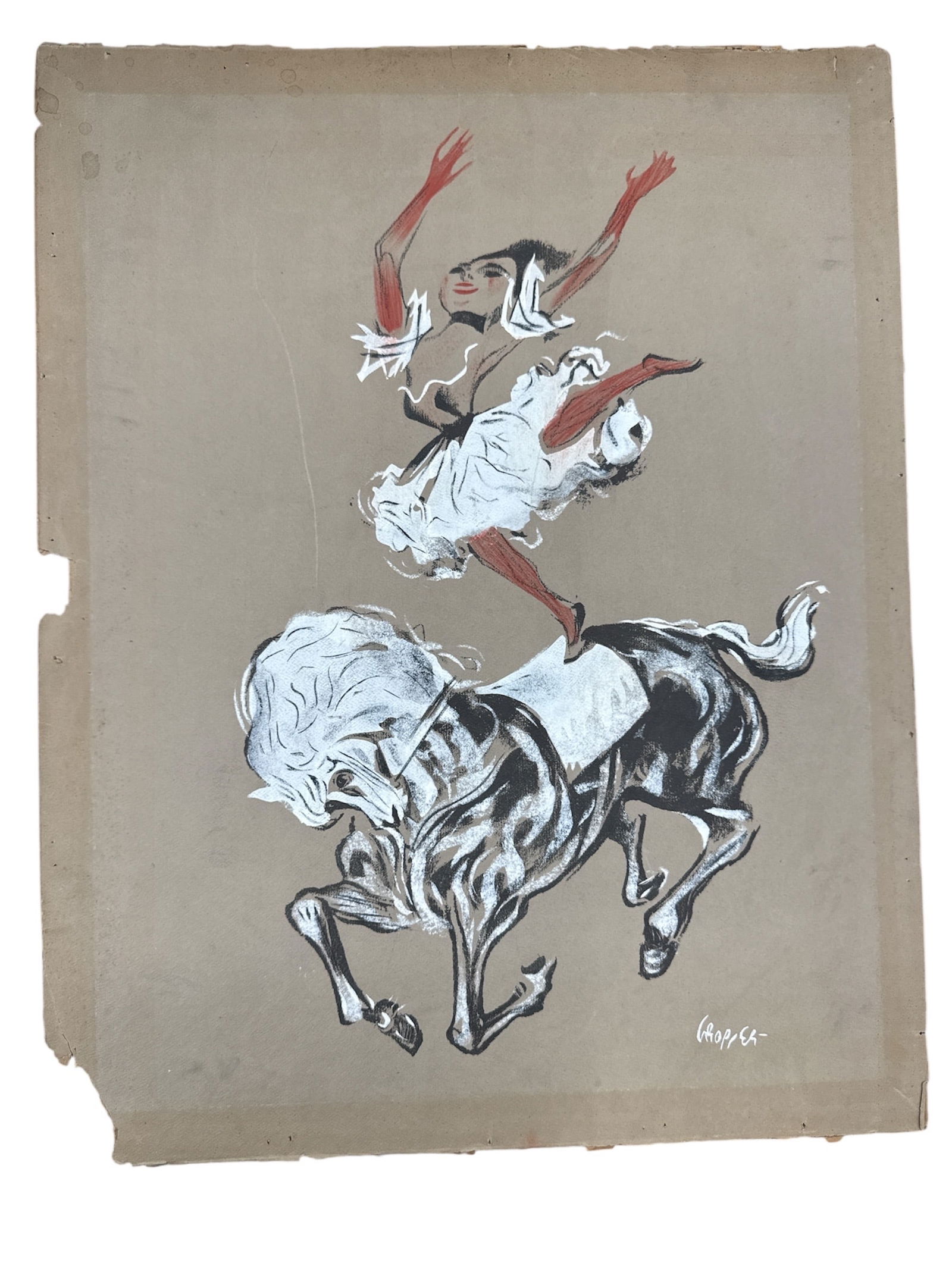 William Gropper (1897–1977), Circus Bareback Rider: DescriptionA spirited and energetic mixed media work on heavy toned paper, depicting a classic circus "equestrienne" or ba