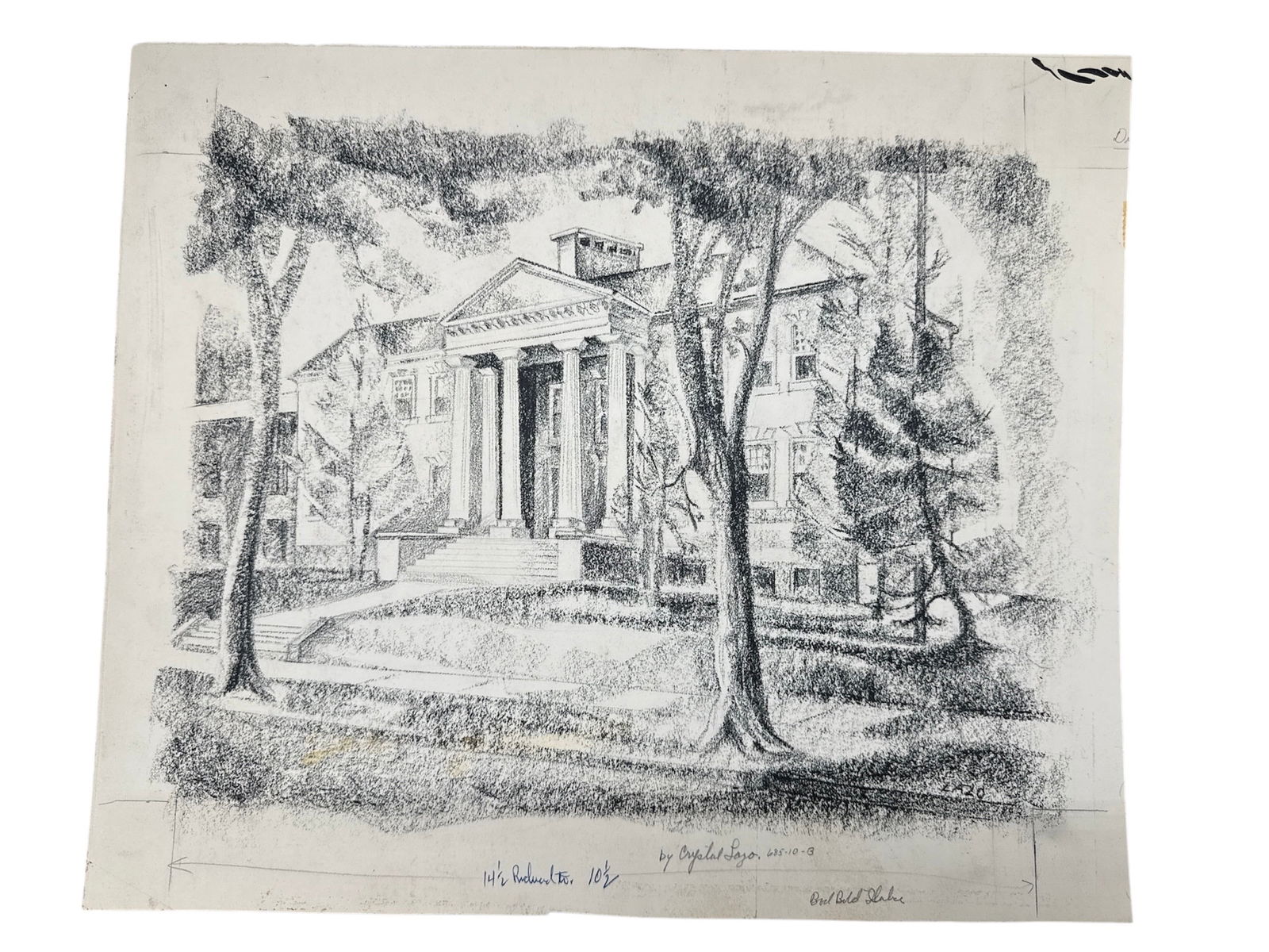 Charcoal Architectural Illustration of a Neoclassical Building by Crystal Lazo: This original architectural illustration, executed in textured charcoal or lithographic crayon on paper, depicts a grand neoclassical building—likely a school, library, or government office. The