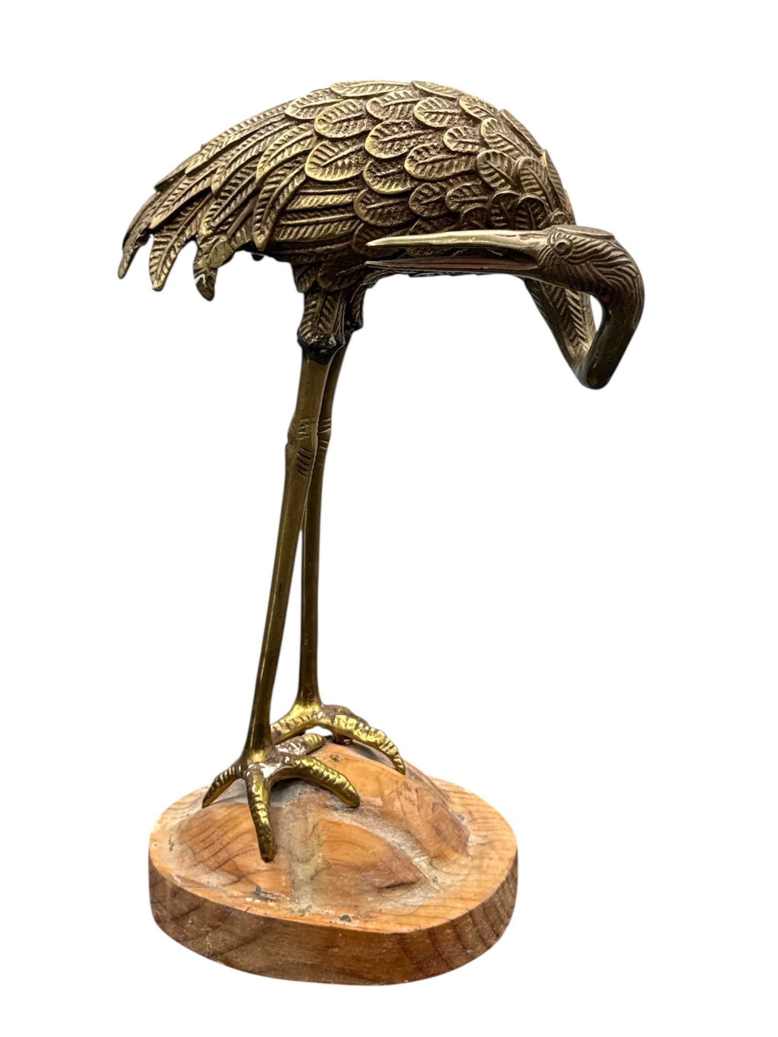 Vintage Mid-Century Brass Crane Sculpture on Carved Wood Base (1 of 3)