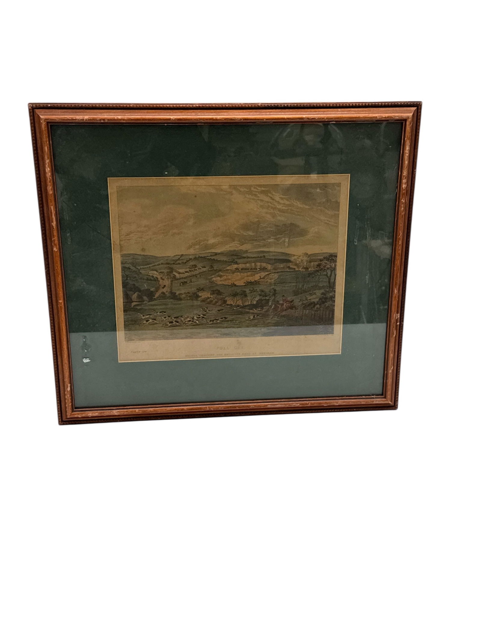 "Hounds Crossing the Brighton Road at Mersham" Antique Etching: Description: Titled 'Full Cry, Hounds Crossing the Brighton Road at Merham' by D. Wolstenholme. An active scene from a traditional English fox hunt, showing hounds and huntsmen mid-chase