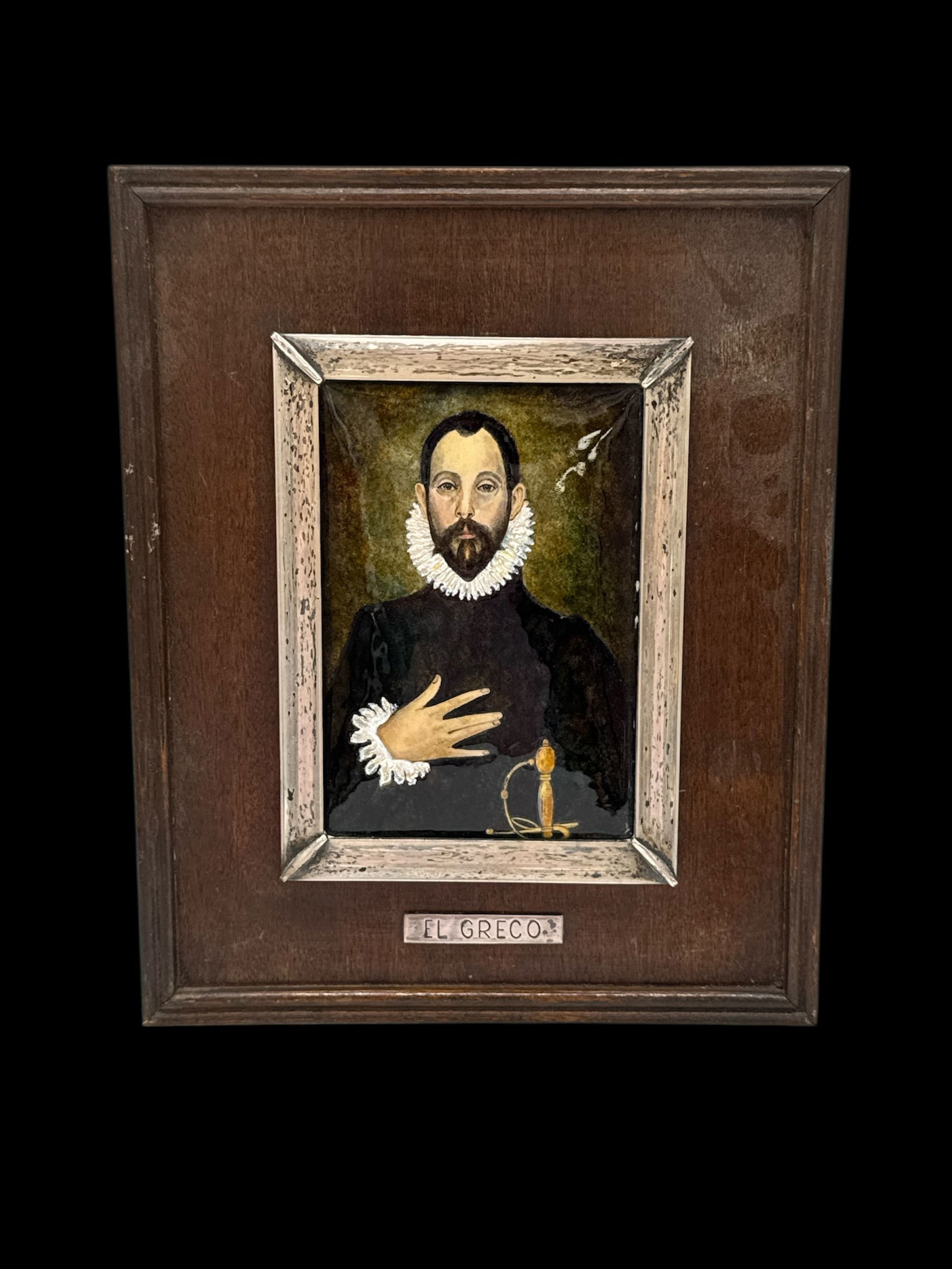 After El Greco Portrait of a Gentleman KPM Porcelain Plaque: Description: After the original painting by El Greco titled "The Nobleman with his hand on his chest" Medium: Hand painted porcelainDimensions: H:10in W:8in