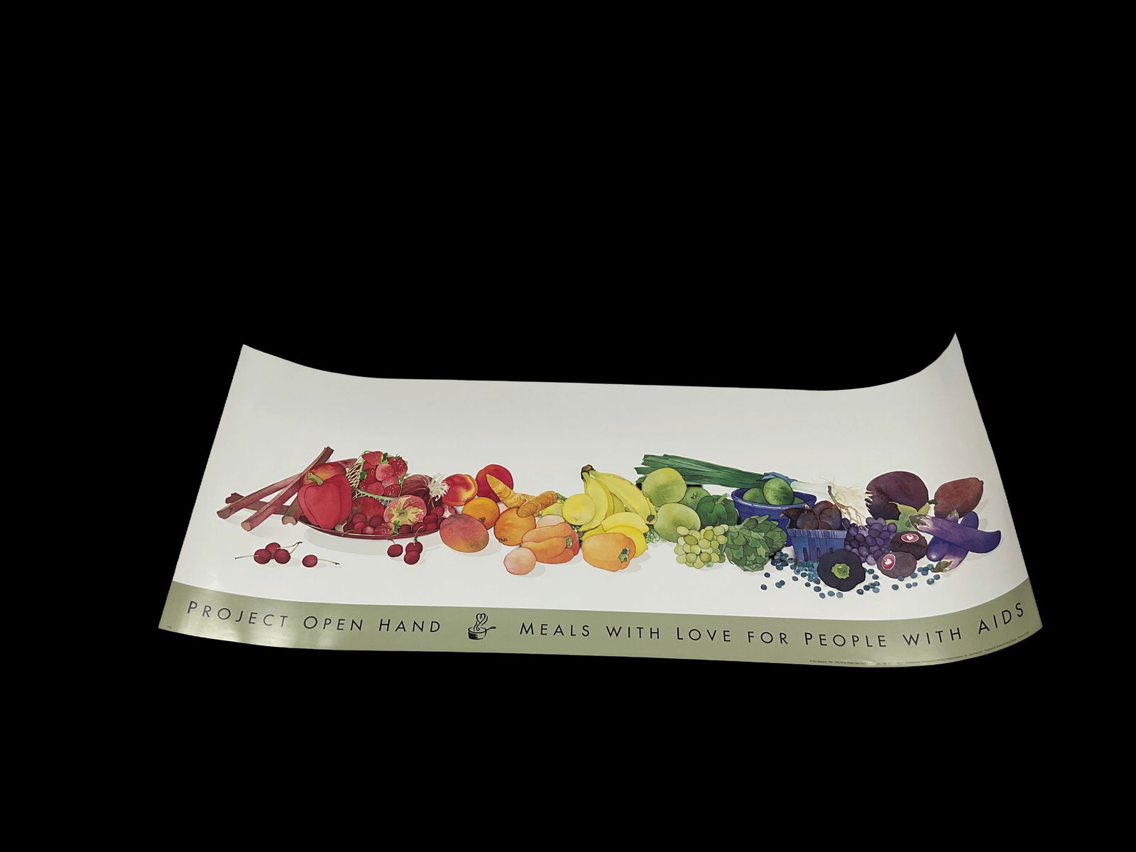 Project Open Hand – Meals With Love Poster: Colorful food-themed poster featuring a rainbow arrangement of fruits and vegetables. Created to support Project Open Hand’s mission of providing meals for people with AIDS.Medium: Offset