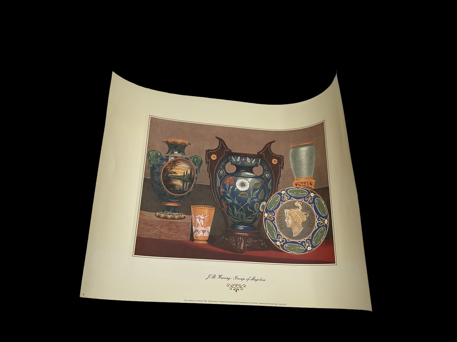 J.B. Waring – Group of Vases: Decorative print by J.B. Waring featuring an assortment of intricately detailed vases and vessels arranged in a classical still-life composition.Medium: Offset lithograph print on paperDimensions: