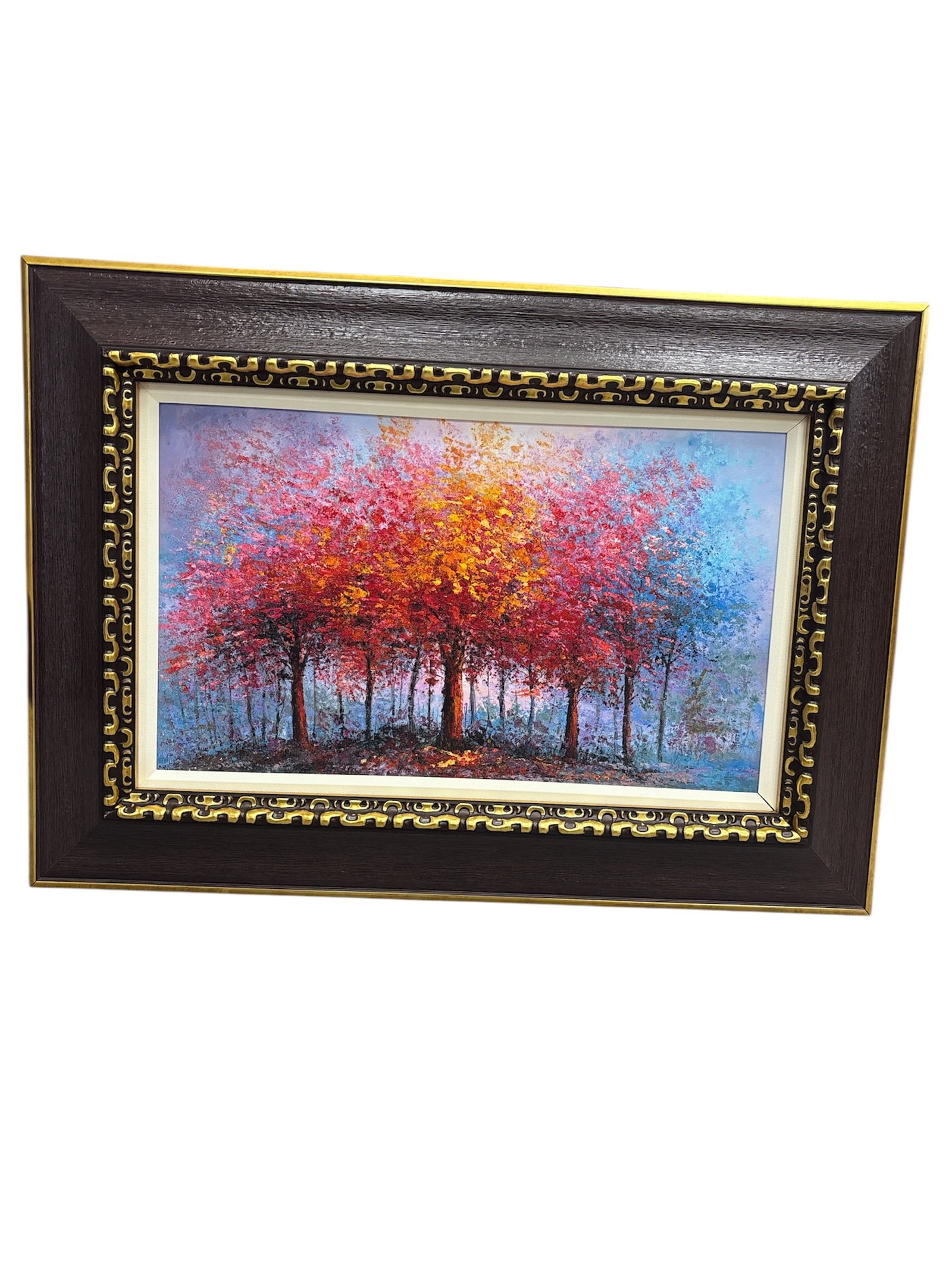 "Watchful Forest" by Inam Inamullah (Pakistan, b.1961) Embellished GIclee: This stunning, hand-embellished giclée by the internationally renowned artist Inam M. Inamullah captures the vibrant beauty of an a