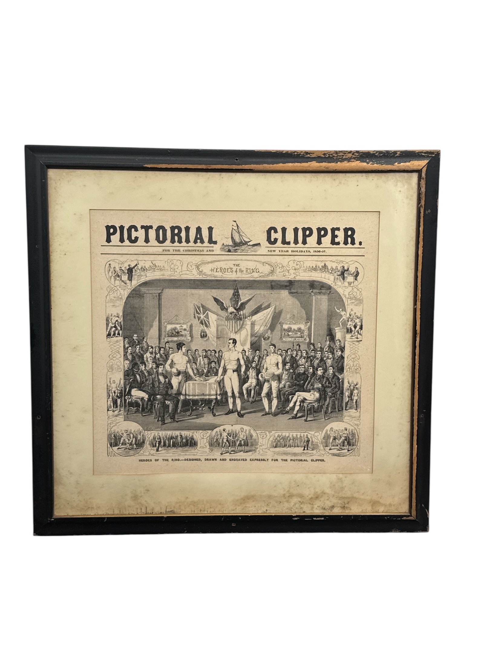 Rare 1860-61 "Pictorial Clipper" Supplement: "Heroes of the Ring" Bare-Knuckle Boxing Print: Description: This is a rare, framed original supplement from the New York Clipper newspaper, dated for the Christmas and New