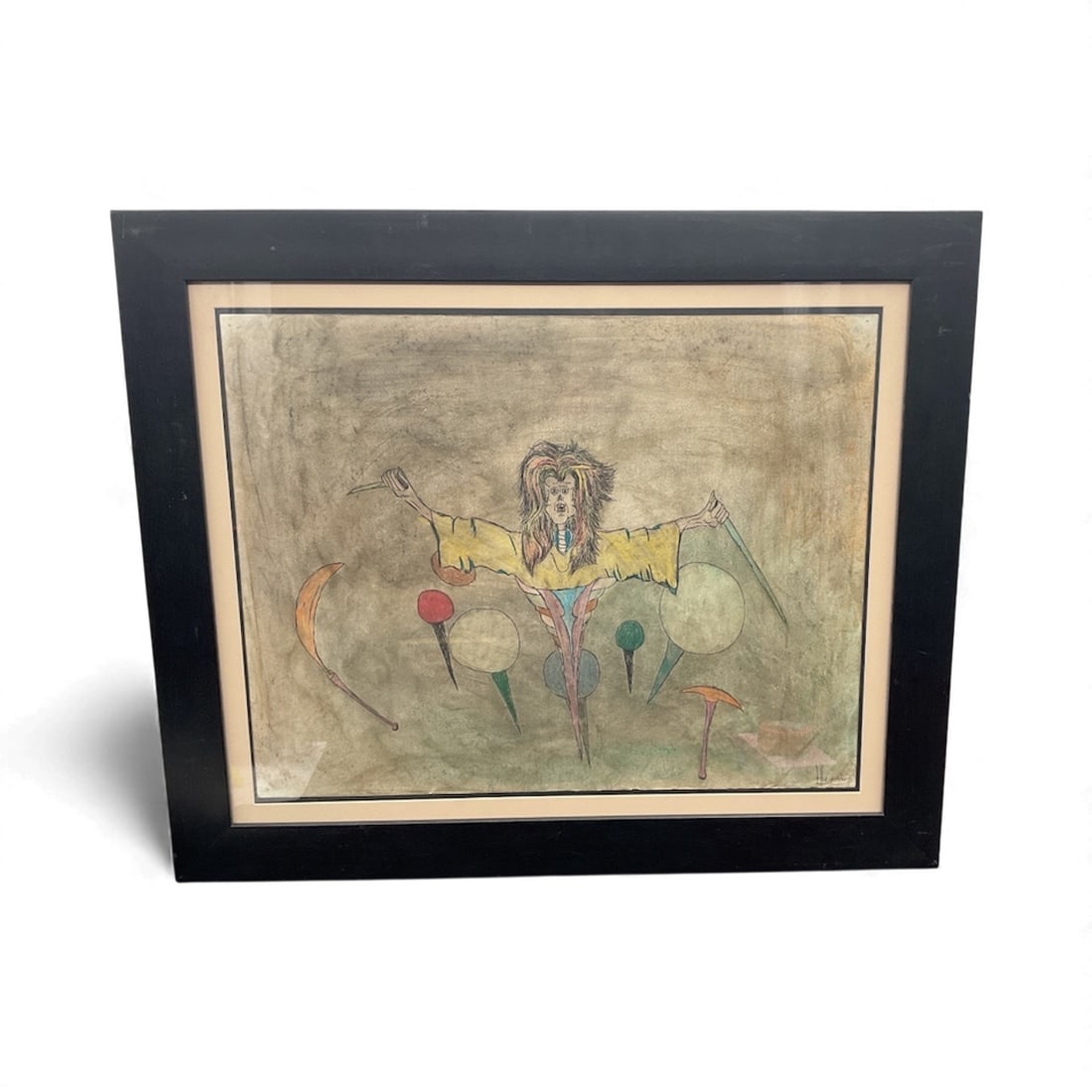 Alejandro Corao Surrealist Figure with Floating Orbs: A surrealist drawing by Venezuelan artist Alejandro Corao, depicting a central abstracted figure with elongated limbs surrounded by colorful floating orbs and organic forms. The muted earth-tone