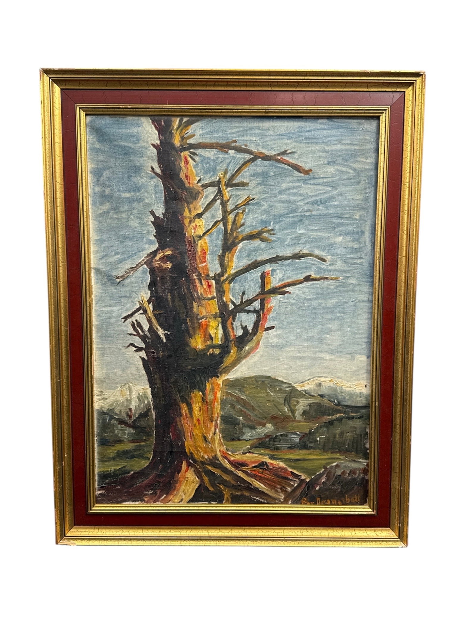 Signed Landscape Painting of Tree and Hills: Expressive landscape painting depicting a weathered tree standing prominently in the foreground against rolling hills and a softly rendered sky. The composition emphasizes texture and movement