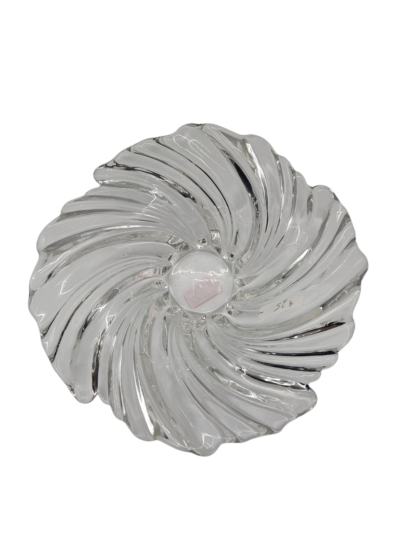 Vintage Swirl Pattern Clear Glass Dish: Elegant clear glass dish featuring a spiral swirl design radiating from the center. Likely produced in the mid-20th century, this piece serves beautifully as a candy dish, serving plate, or