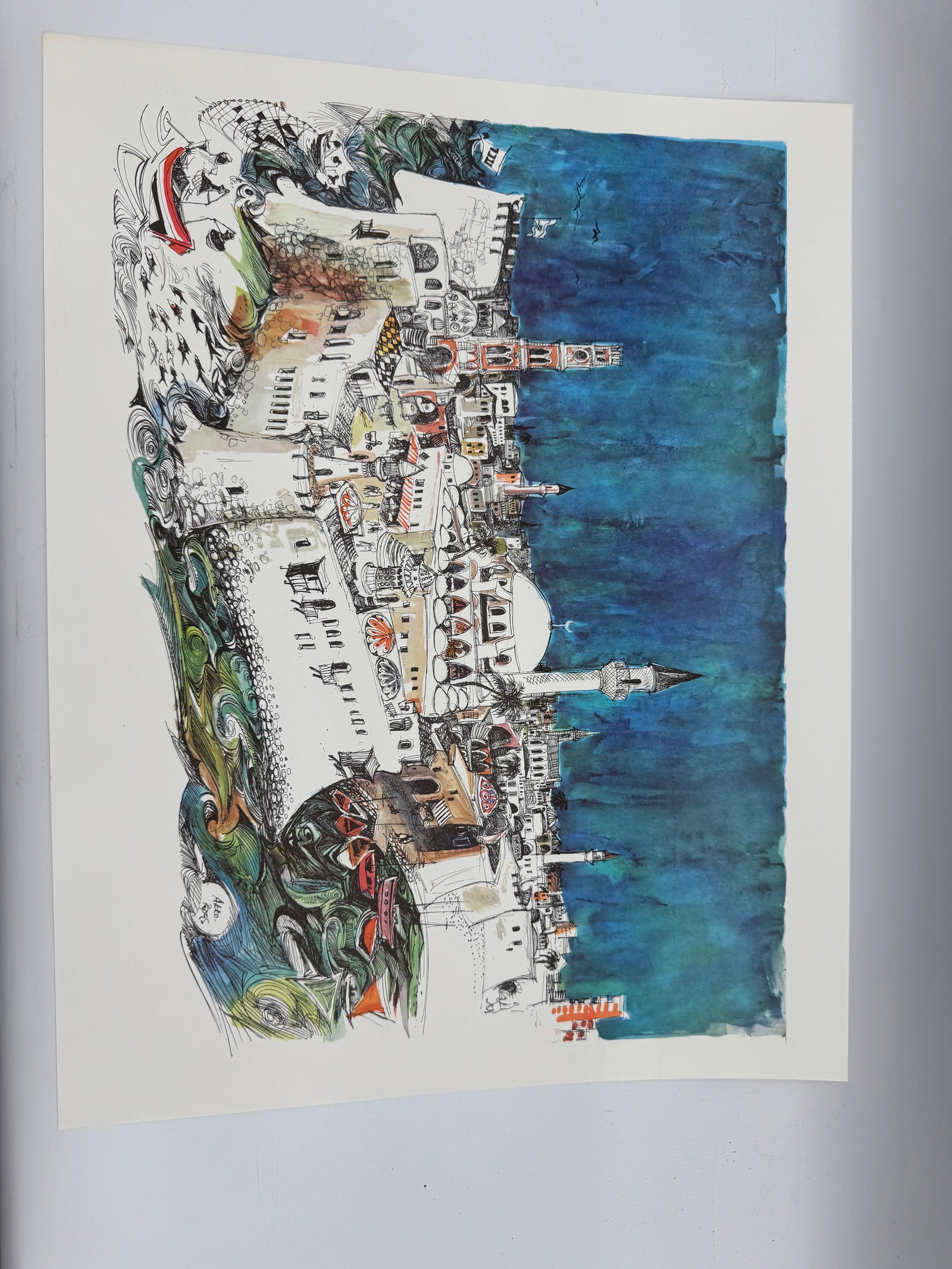Akko Israel by Papas: A vibrant illustration of the ancient city of Akko, Israel, showcasing its historic stone walls, domes, and towers set against a deep blue sea and sky. The artist’s expressive linework and bold
