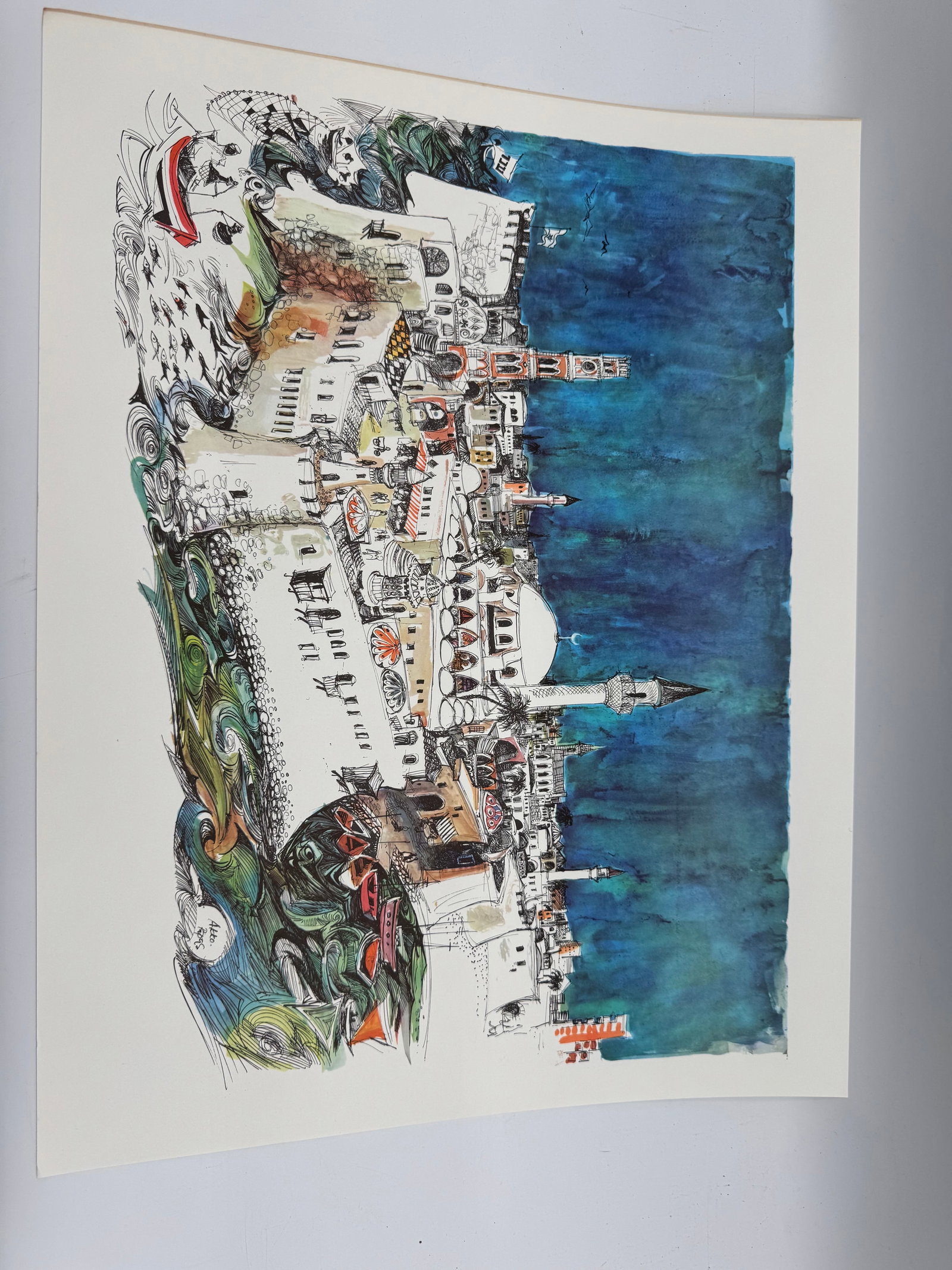 Akko Cityscape Print y Papas: Cityscape print, of Akko. Image size is 22.5 x 17.5 inches. Signed in the lower right corner.