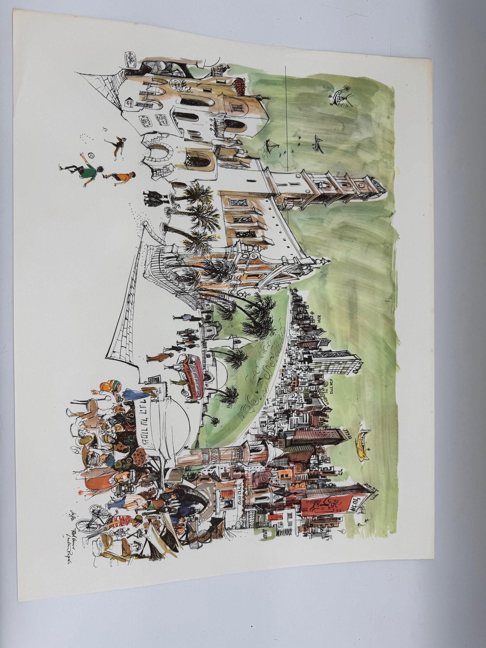 Tel Aviv by Papas: A lively illustration of Tel Aviv by Papas, portraying the city’s energetic atmosphere with detailed scenes of architecture, markets, and daily life. The artist combines humor and movement