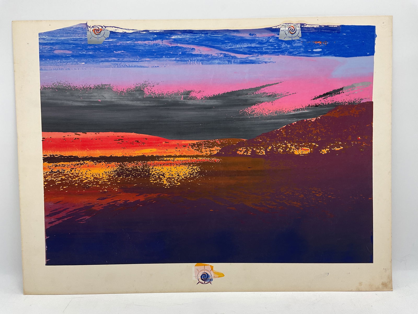 Abstract Sunset Seascape: Vivid abstract artwork depicting a coastal sunset in layers of magenta, orange, blue, and black. The expressive brushwork and contrasting hues create a dynamic interplay of light and reflection,