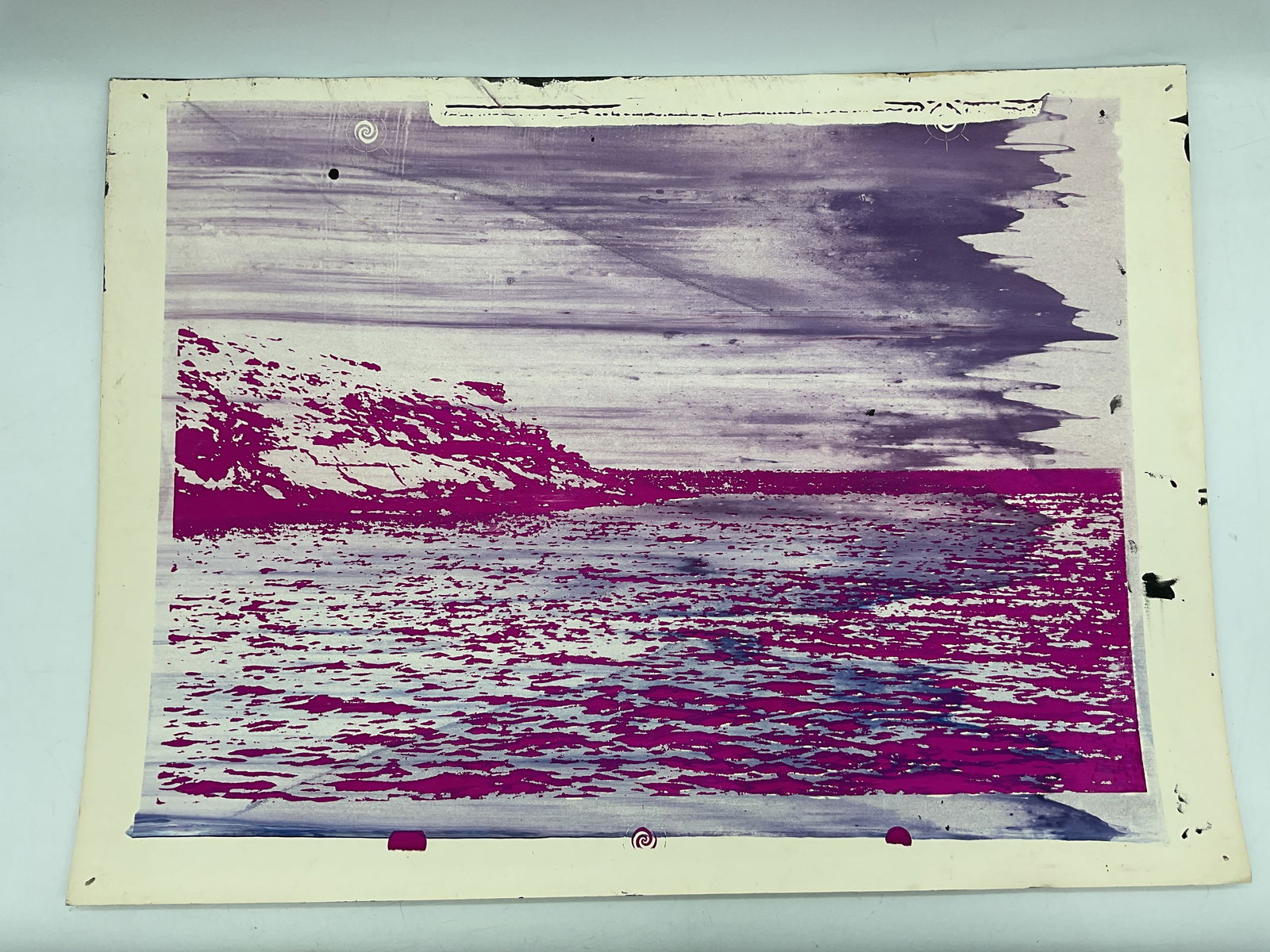 Coastal Landscape Abstract Print: Expressive abstract print depicting a rocky shoreline and open sea rendered in striking magenta and violet tones. The dynamic brushwork and layered texture create a moody yet modern interpretation of