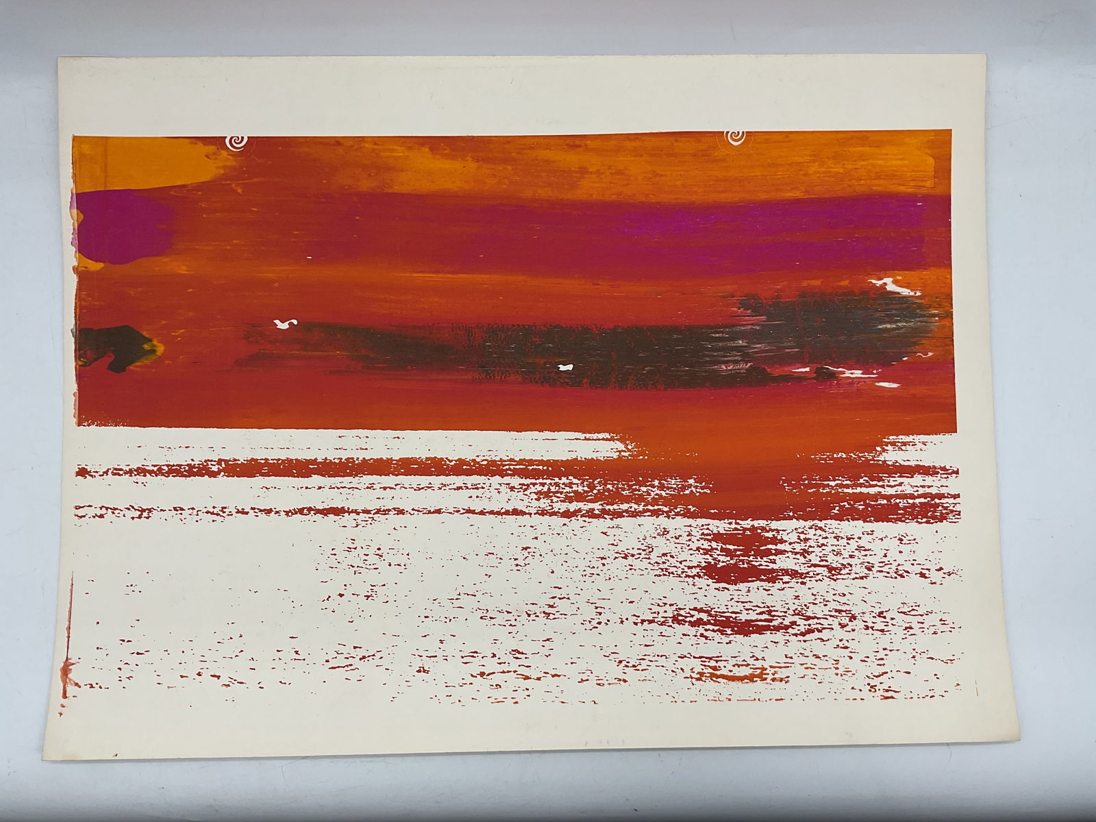 Abstract Sunset Landscape: Bold abstract painting featuring sweeping horizontal strokes in vibrant hues of orange, red, magenta, and black. The expressive composition evokes a fiery sunset over a reflective surface,