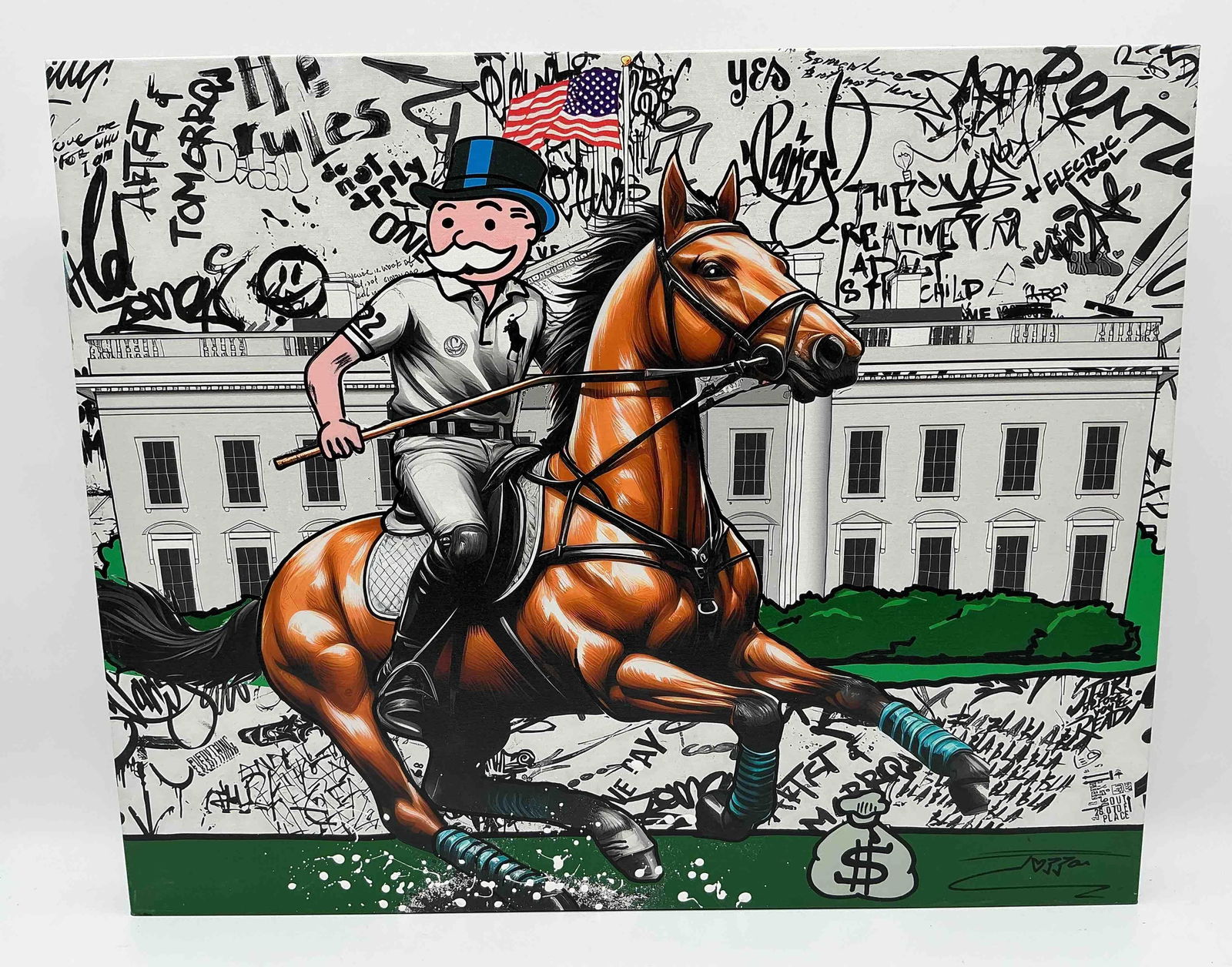 Original Monopoly Polo Rider by Jozza: Contemporary Original pop art piece By Artist Jozza showing the Monopoly Man riding a horse in a polo outfit in front of the White House, with graffiti tags and urban art elements including protest