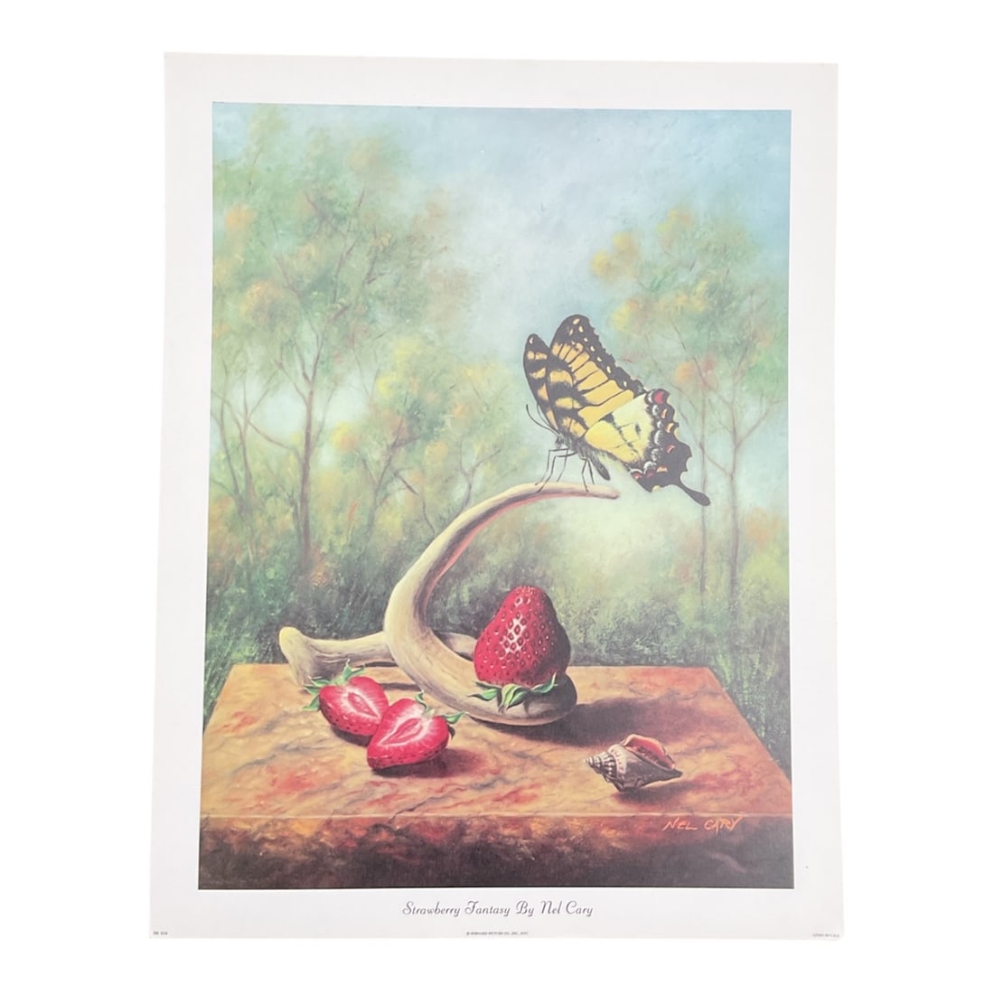 Strawberry Fantasy by Nel Cary: This charming work titled Strawberry Fantasy by Nel Cary presents a whimsical still life infused with gentle surrealism. A ripe strawberry and sliced fruit rest atop a tabletop scene as a butterfly