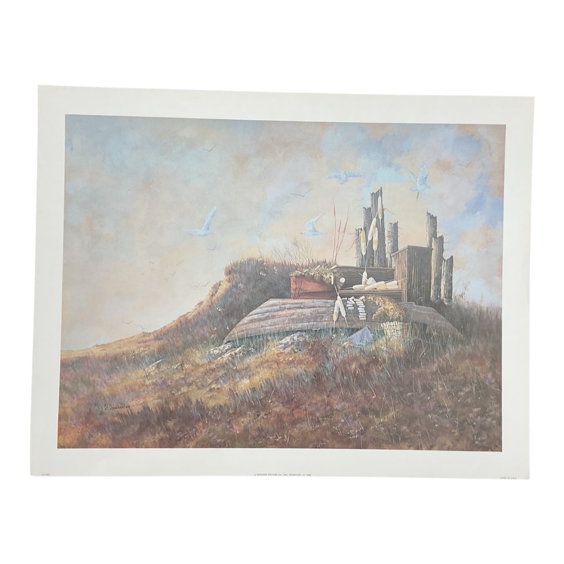 Landscape With Farmstead by C.H. Chamberlain: This evocative work by C.H. Chamberlain presents a quiet rural landscape centered on a weathered farmstead set atop a gently rising hillside. Rendered in soft, earthy tones, the composition