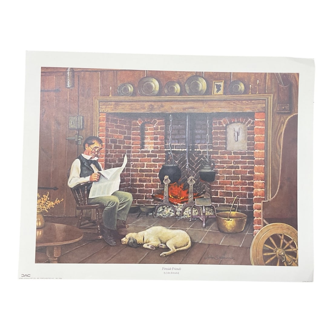Fireside Friends by John Slobodnik: This charming work by John Slobodnik depicts a quiet, intimate interior scene centered around warmth, companionship, and domestic calm. A resting dog sprawled near the hearth anchors the composition,