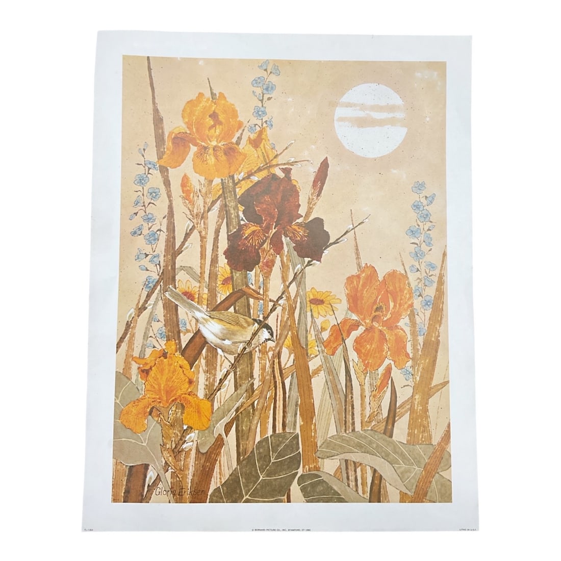 Floral Still Life by Gloria Erikson: This delicate work by Gloria Erikson presents a stylized floral composition rendered with soft, earthy tones and an elegant sense of balance. Tall blossoms and foliage rise gracefully against a muted