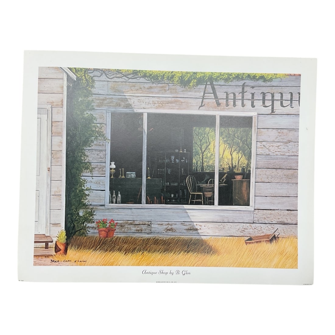 Antique Shop: This charming print by Bruce Glen captures the quiet nostalgia of a small-town antique shop, rendered with warm tones and inviting detail. The scene draws the viewer into a sunlit storefront where