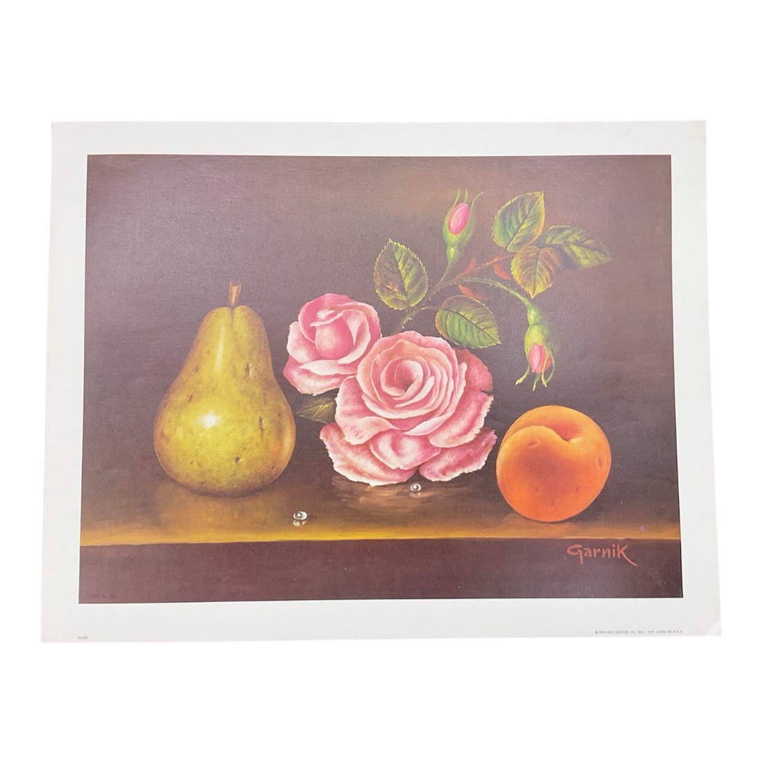 Still Life With Pear and Roses: This charming still life by Garnik presents a classic tabletop arrangement featuring a ripe pear, blooming pink roses, and a stone fruit set against a warm, softly shaded background. The composition