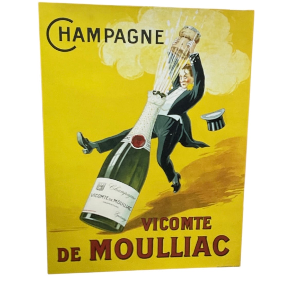 LARGE Champagne Vicomte de Moulliac Advertising Poster: This vibrant and highly decorative vintage advertising poster promotes Champagne Vicomte de Moulliac and features a playful, celebratory figure riding atop an oversized champagne bottle against a