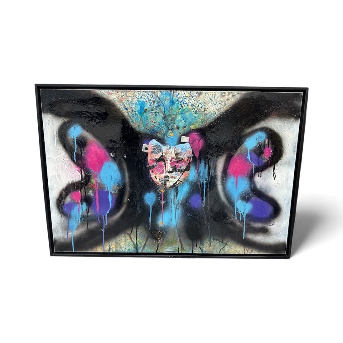 Pingo "It’s What It Is": A bold mixed-media composition featuring a stylized butterfly form with vivid neon accents, dripping textures, and layered abstract detailing. Hints of street-art influence blend with expressive