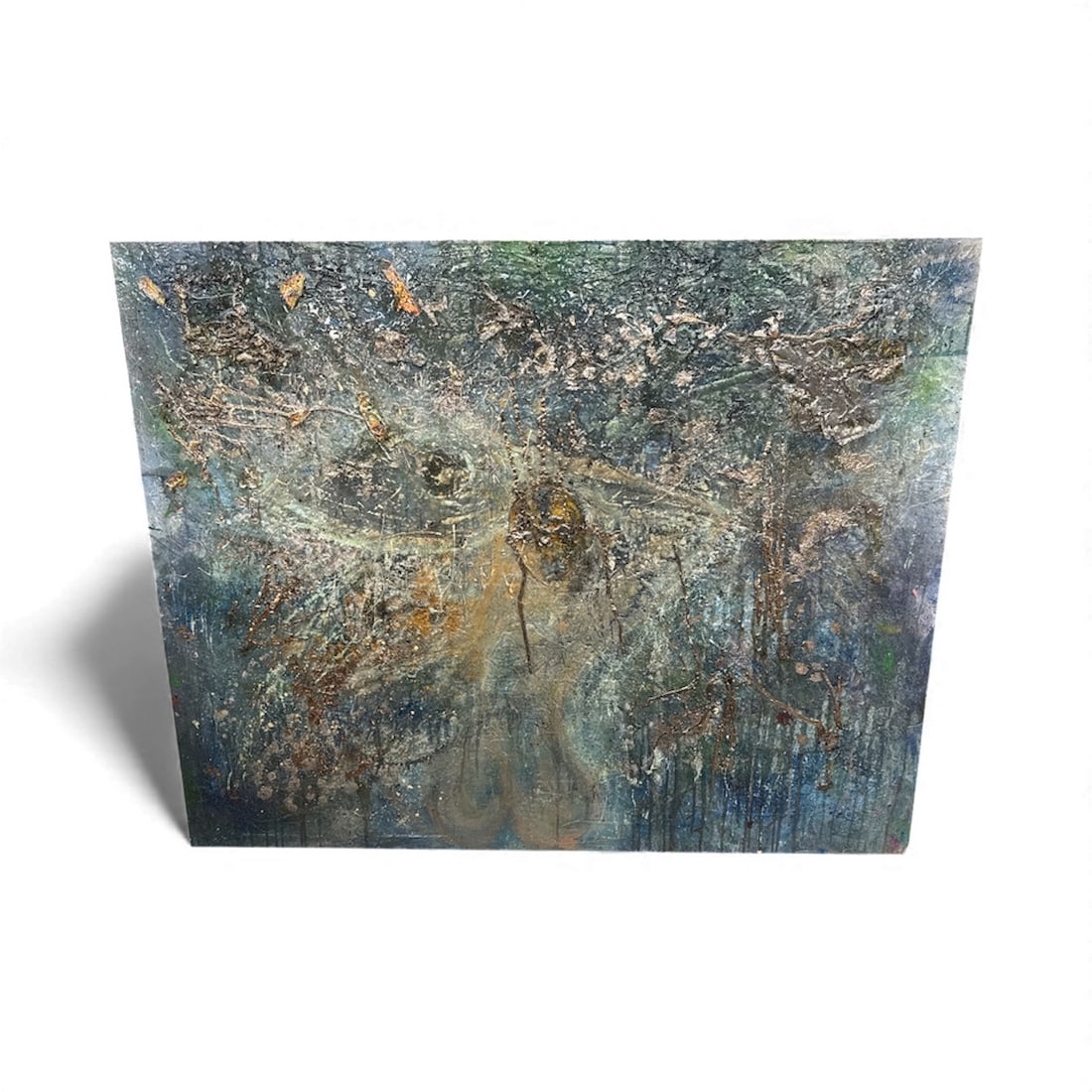 Travesia by Pingo: A deeply layered abstract composition featuring cool blues, earthy golds, and textured organic forms. “Travesia” evokes the feeling of a journey through shifting landscapes, showcasing