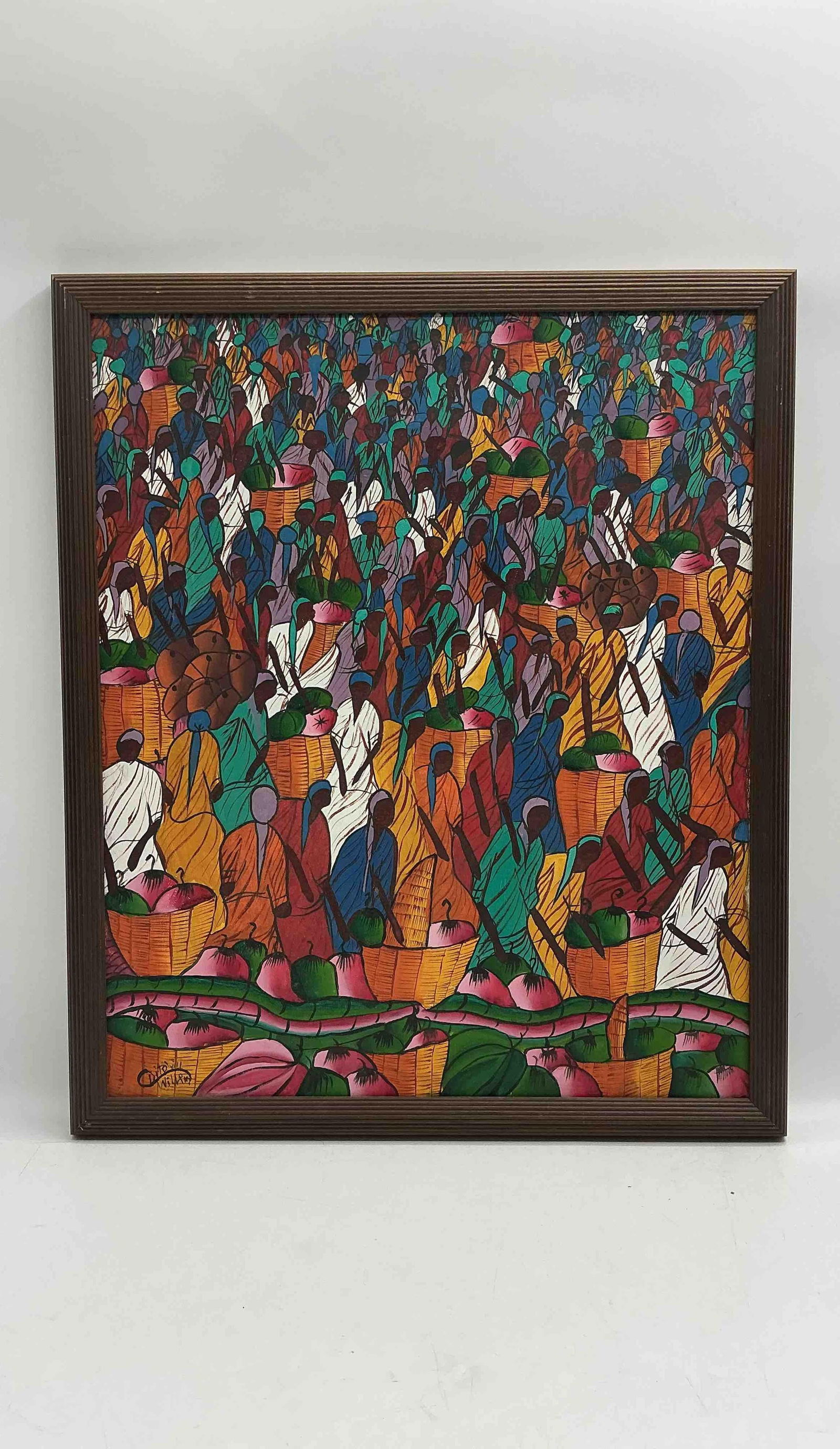 Market by Willim Ditovil (Haitian) with Paperwork: Description: A vivid and energetic painting depicting a bustling market scene with numerous figures and baskets of produce. Executed in a highly detailed and colorful style, the work captures the rhyt