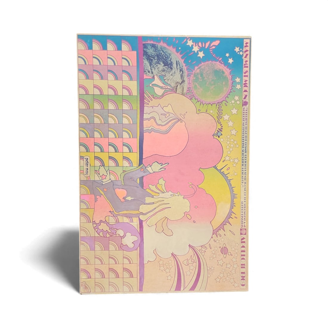"Man Must Moon Apollo 11 1969" by Peter Max (German/American, b.1937) Lithograph on paper: Artist: Peter MaxTitle: Man Must Moon Apollo 11 1969Year: 1969Dimensions: 26 x 23 3/4Medium: Lithograph on paperSignature: UnsignedEdition: very few survived , due to