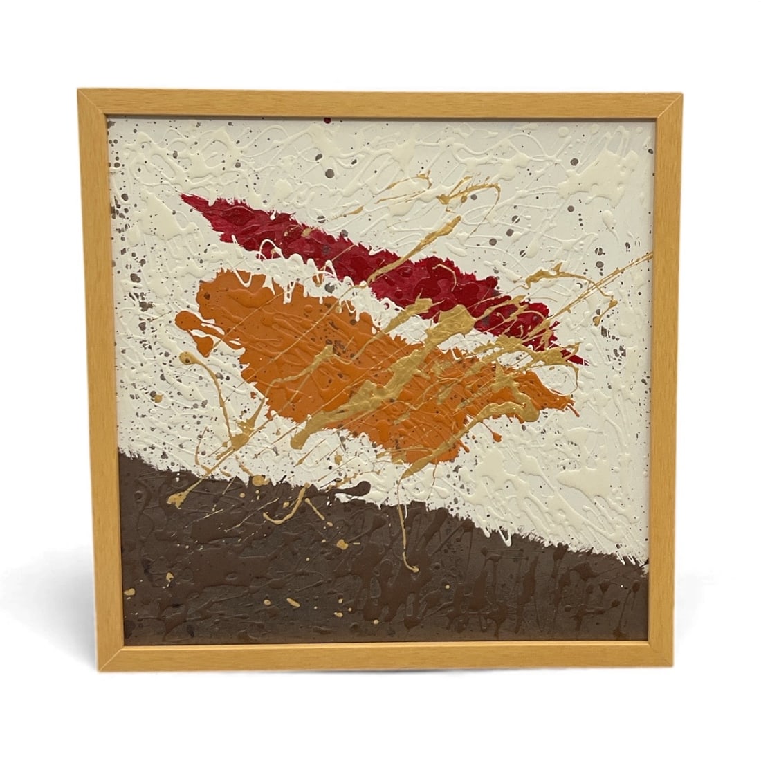 Miguel Angel-Jimenez – Earth Tone Abstract: Textured abstract artwork featuring sweeping strokes of red, orange, gold, and brown over a cream background, created in Miguel Angel-Jimenez’s dynamic splatter and layering style.Medium: