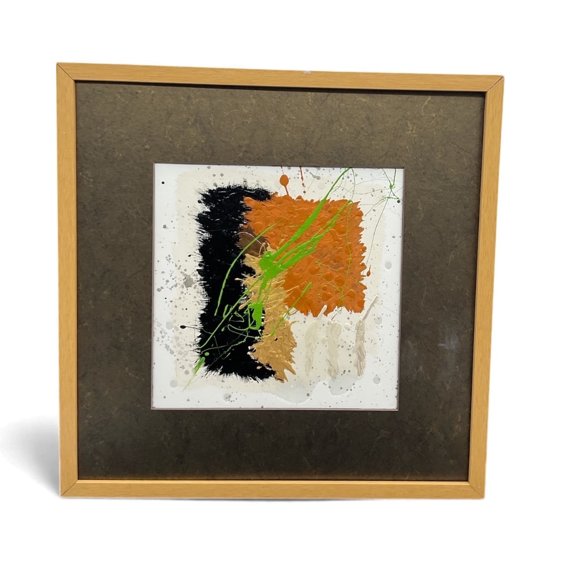 Miguel Angel-Jimenez – Green Stroke Abstract: Textured abstract artwork featuring bold blocks of black, orange, and cream accented by energetic splashes of green across a white background, executed in Miguel Angel-Jimenez’s signature