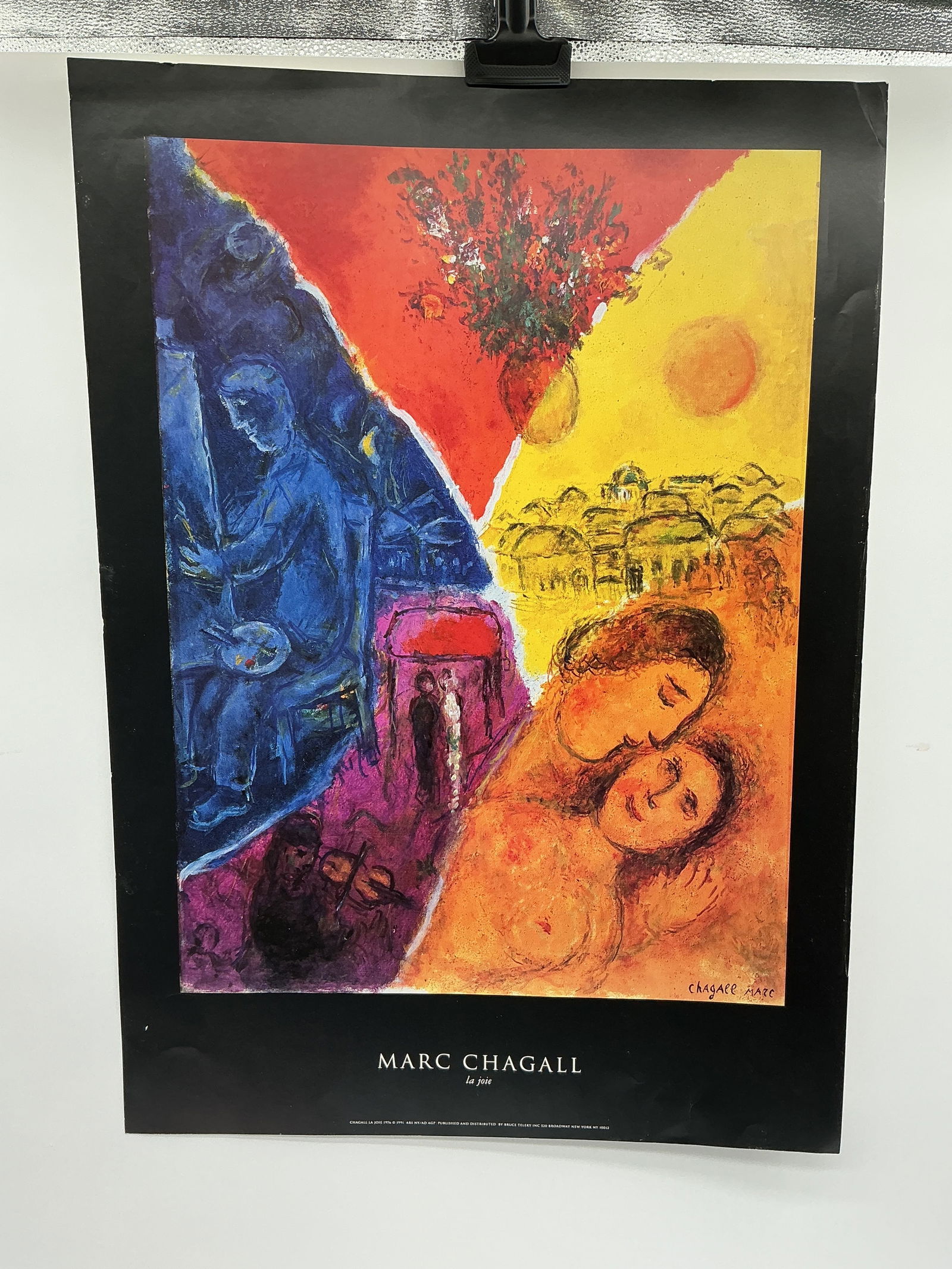 Marc Chagall 'La Joie' Poster: Marc Chagall 'La Joie' poster, published and distributed by Bruce Teleky Inc., 520 Broadway, New York, NY 10012. Features vibrant colors and iconic imagery characteristic of Chagall's styl