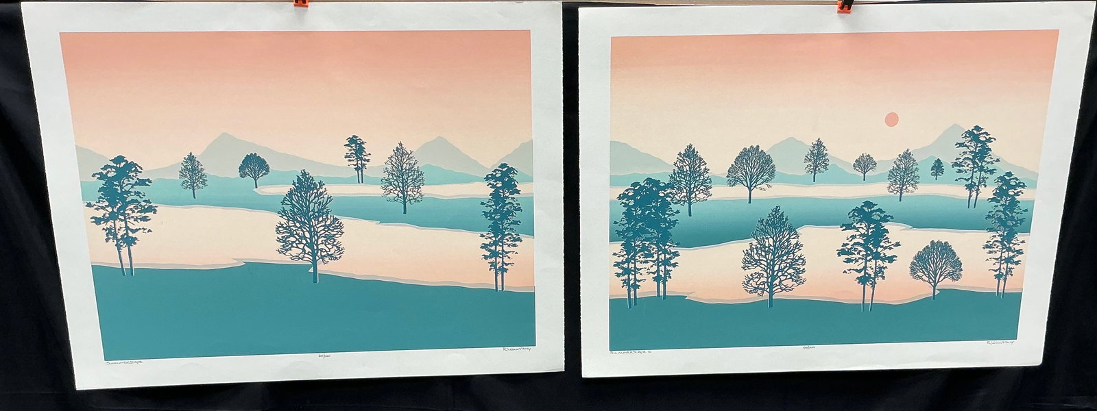 R. Lawsbury 'SummerScape' & II Print, Signed & Numbered 60/100: R. Lawsbury, 'SummerScape', print, numbered 60/100, signed lower right. A serene landscape featuring stylized trees and mountains in muted tones of blue, pink, and white. A peaceful and
