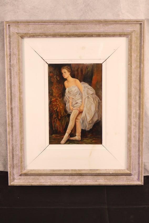 Pasquale Picazio(Italy, B.1947) Oil on Board: Ballet Dancer by Italian artist Pasquale Picazio done in oil on board.This elegant oil painting depicts a poised ballet dancer in a serene and contemplative moment. The artist, Pasquale Picazio,