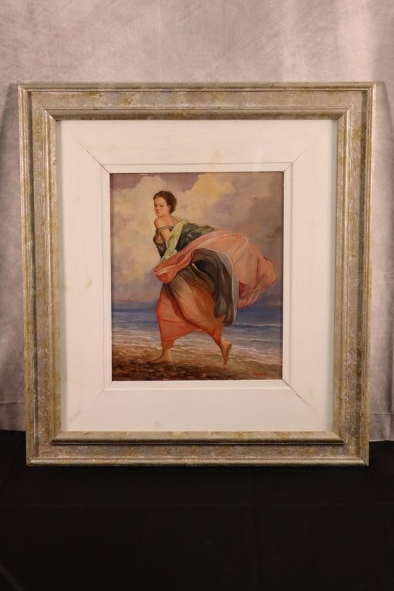 Pasquale Picazio(Italy, B.1947) Oil on Board: Woman on beach by Italian painter Pasquale Picazio, done in oil on board and signed and dated 1996. This captivating painting features a woman standing on a beach, her garments billowing in the wind,